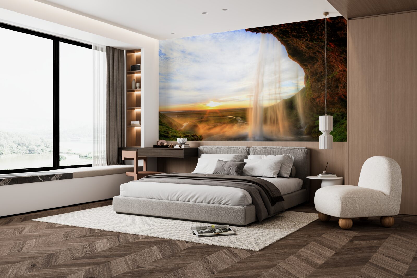 Papier peint coucher de soleil illuminant les majestueuses chutes d'eau