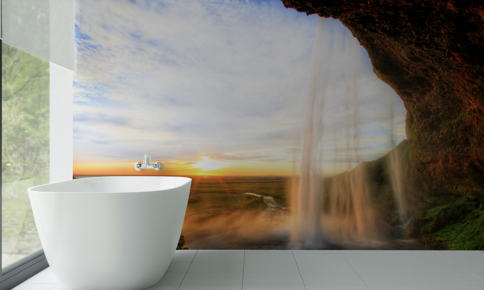 Papier peint coucher de soleil illuminant les majestueuses chutes d'eau