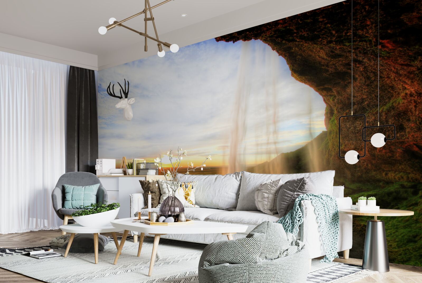 Papier peint coucher de soleil illuminant les majestueuses chutes d'eau