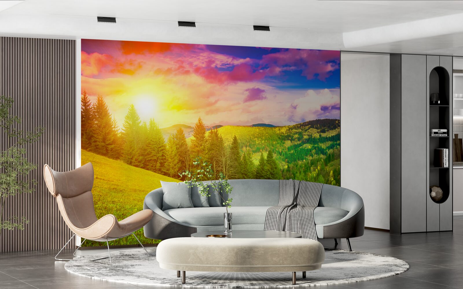 Papier peint le coucher de soleil brûlant a peint la colline verte de couleurs vives