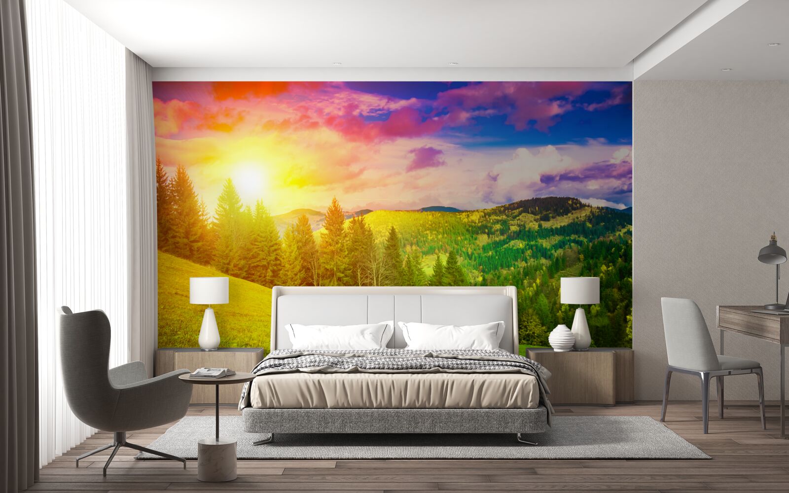 Papier peint le coucher de soleil brûlant a peint la colline verte de couleurs vives