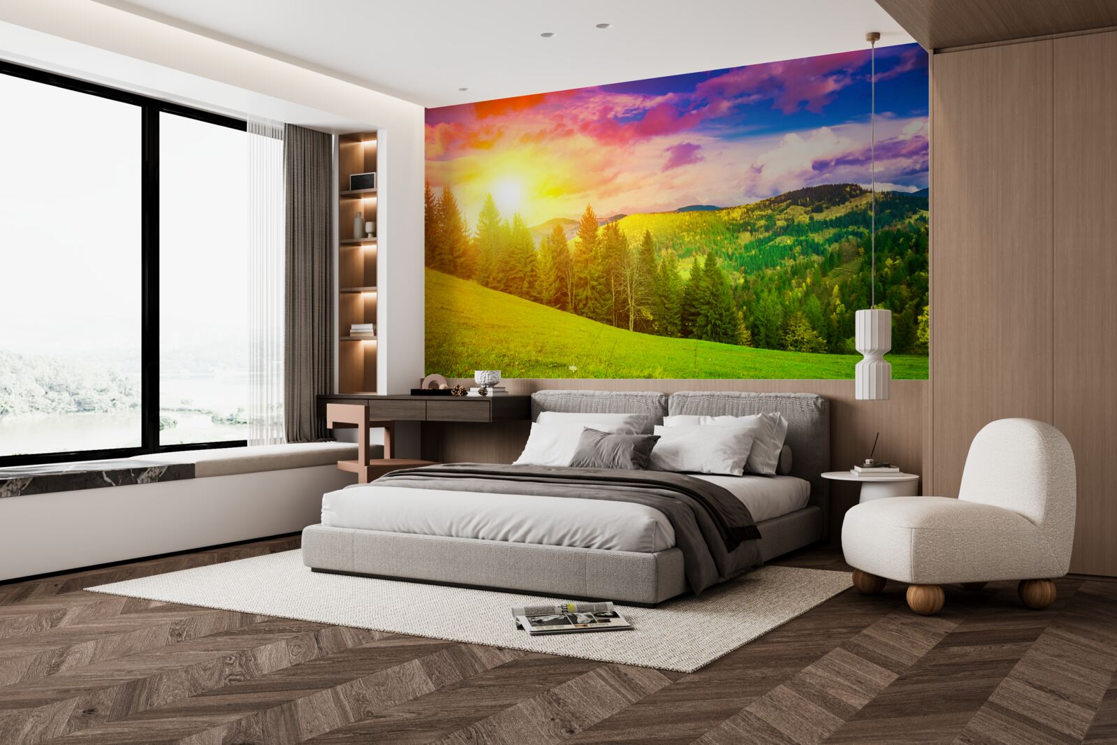 Papier peint le coucher de soleil brûlant a peint la colline verte de couleurs vives