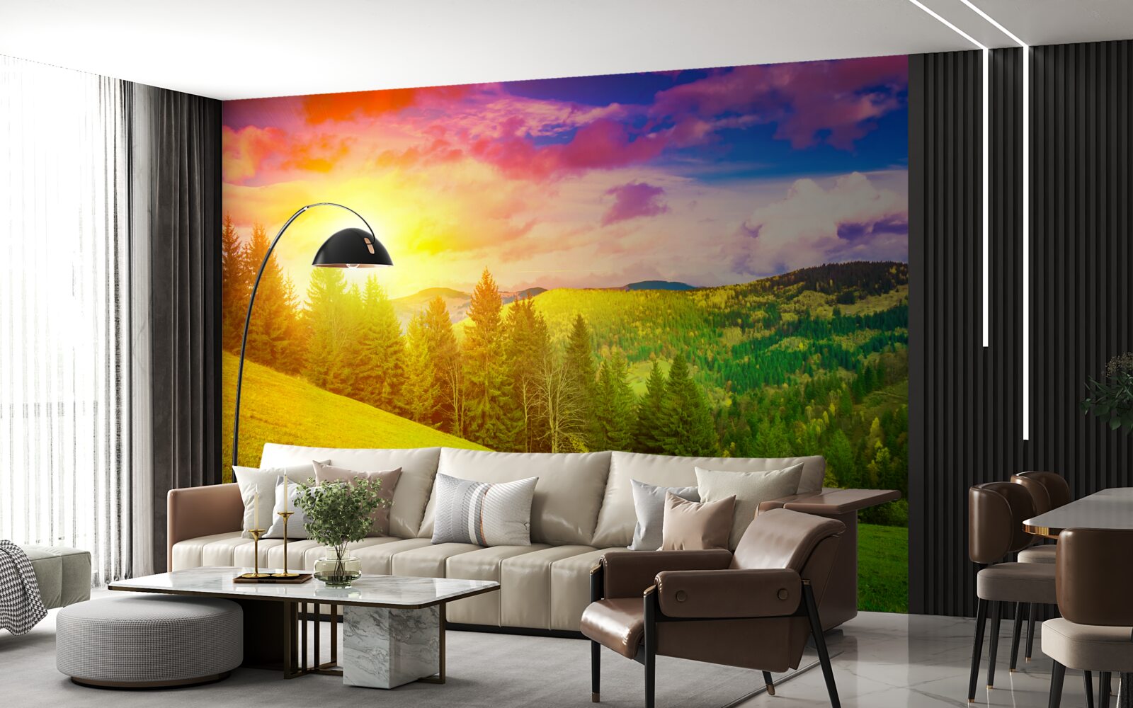 Papier peint le coucher de soleil brûlant a peint la colline verte de couleurs vives