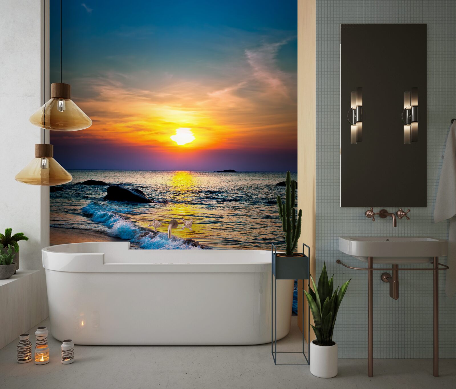 Papier peint le soleil disparaît derrière l'horizon sur la mer et la côte