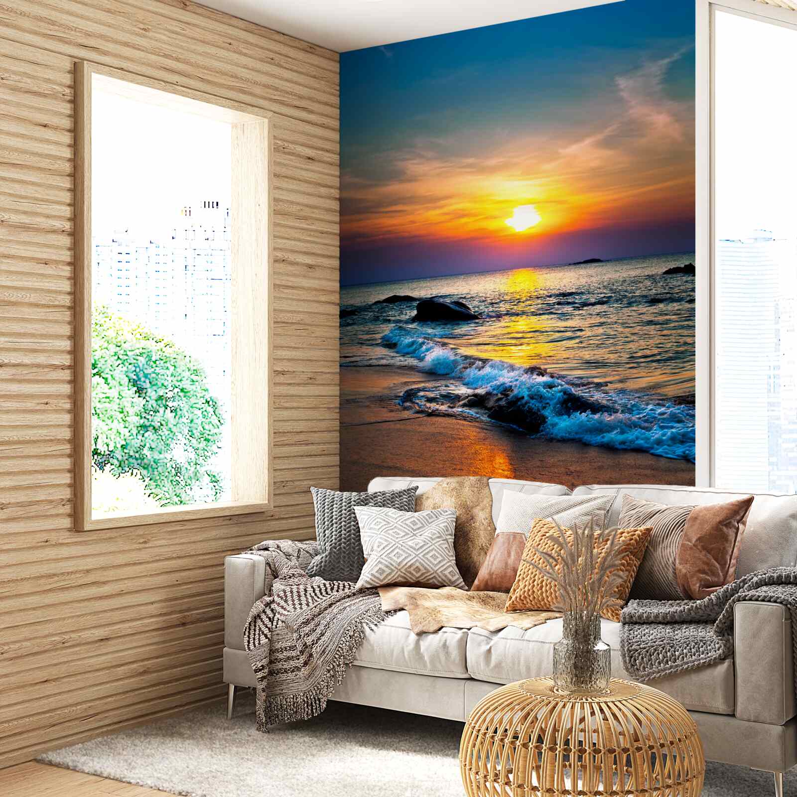 Papier peint le soleil disparaît derrière l'horizon sur la mer et la côte