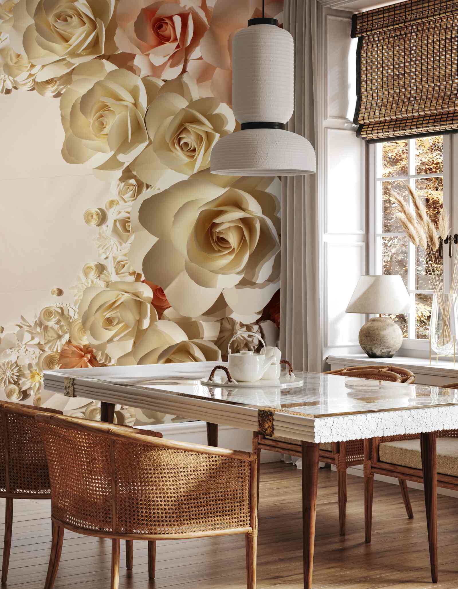 Papier peint fleurs de gypse blanches et roses