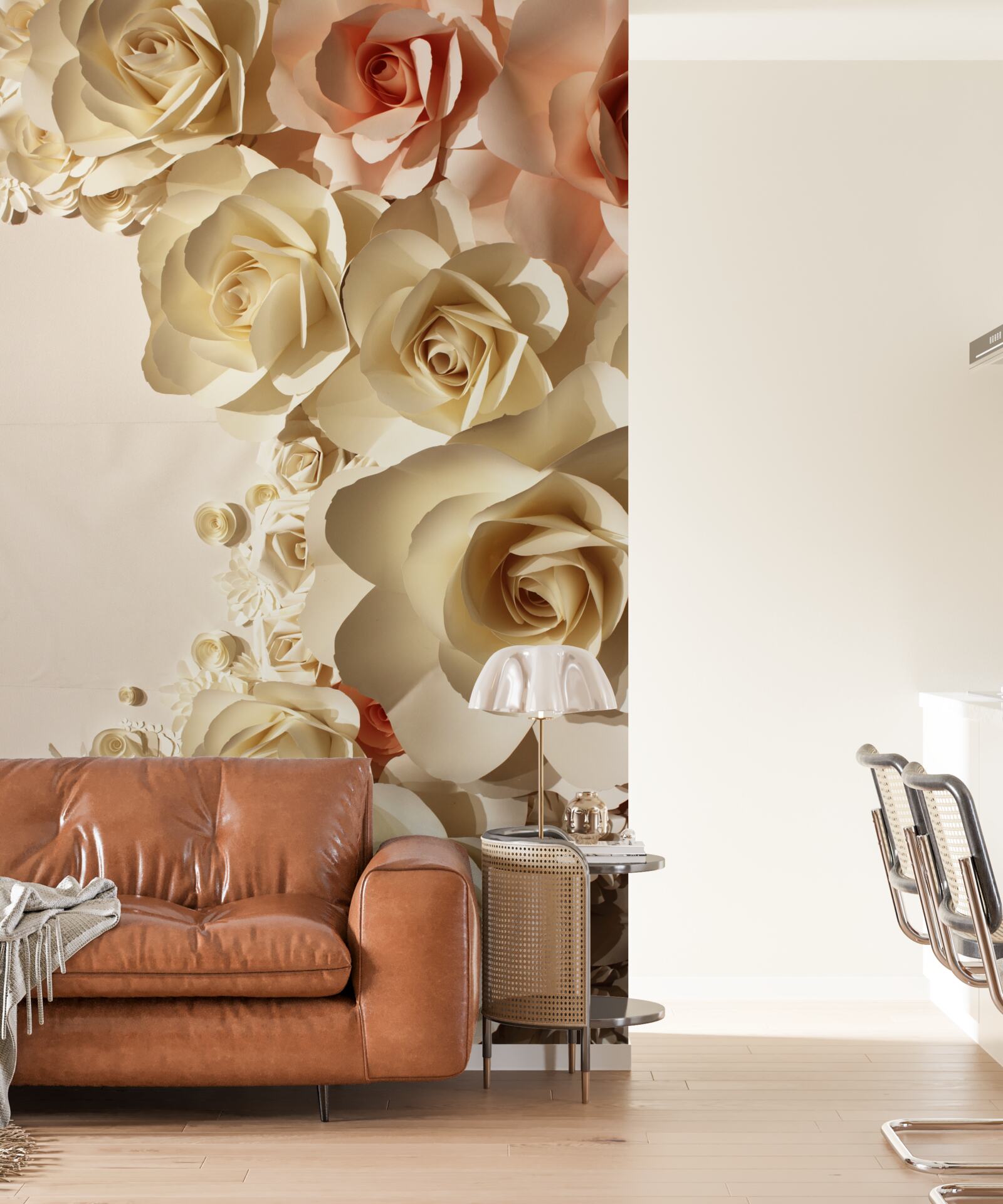 Papier peint fleurs de gypse blanches et roses