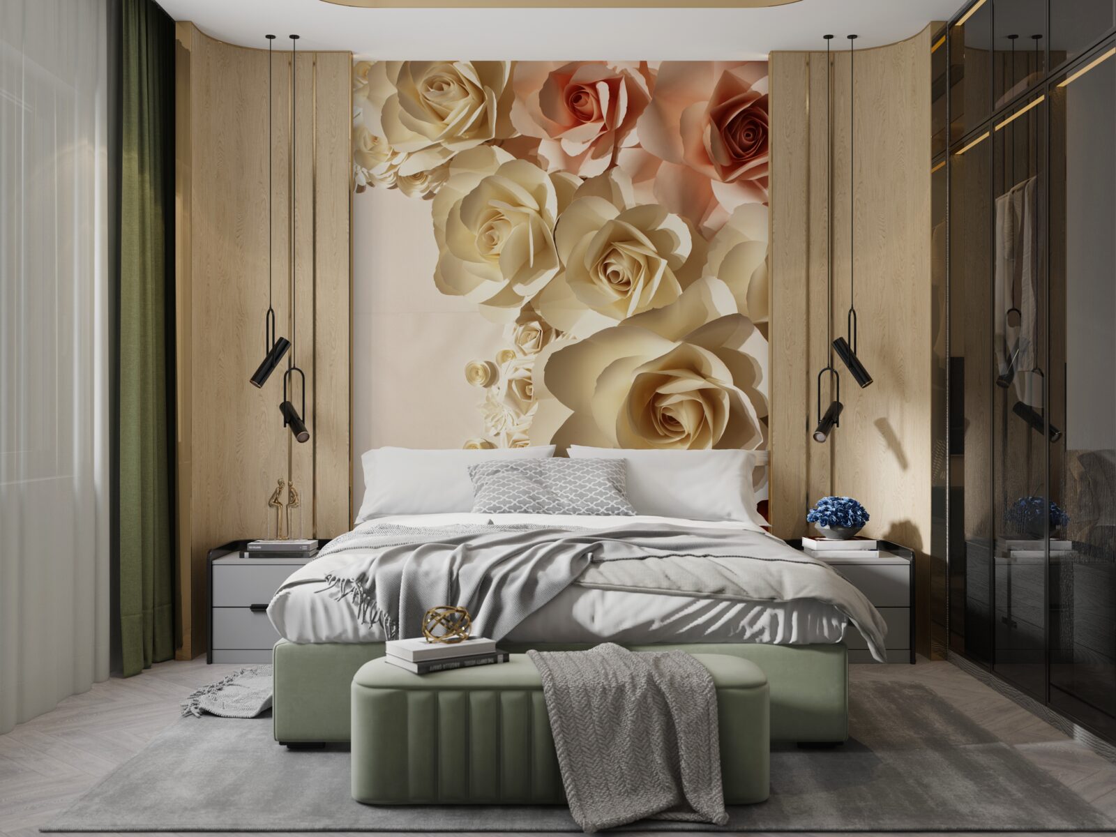 Papier peint fleurs de gypse blanches et roses