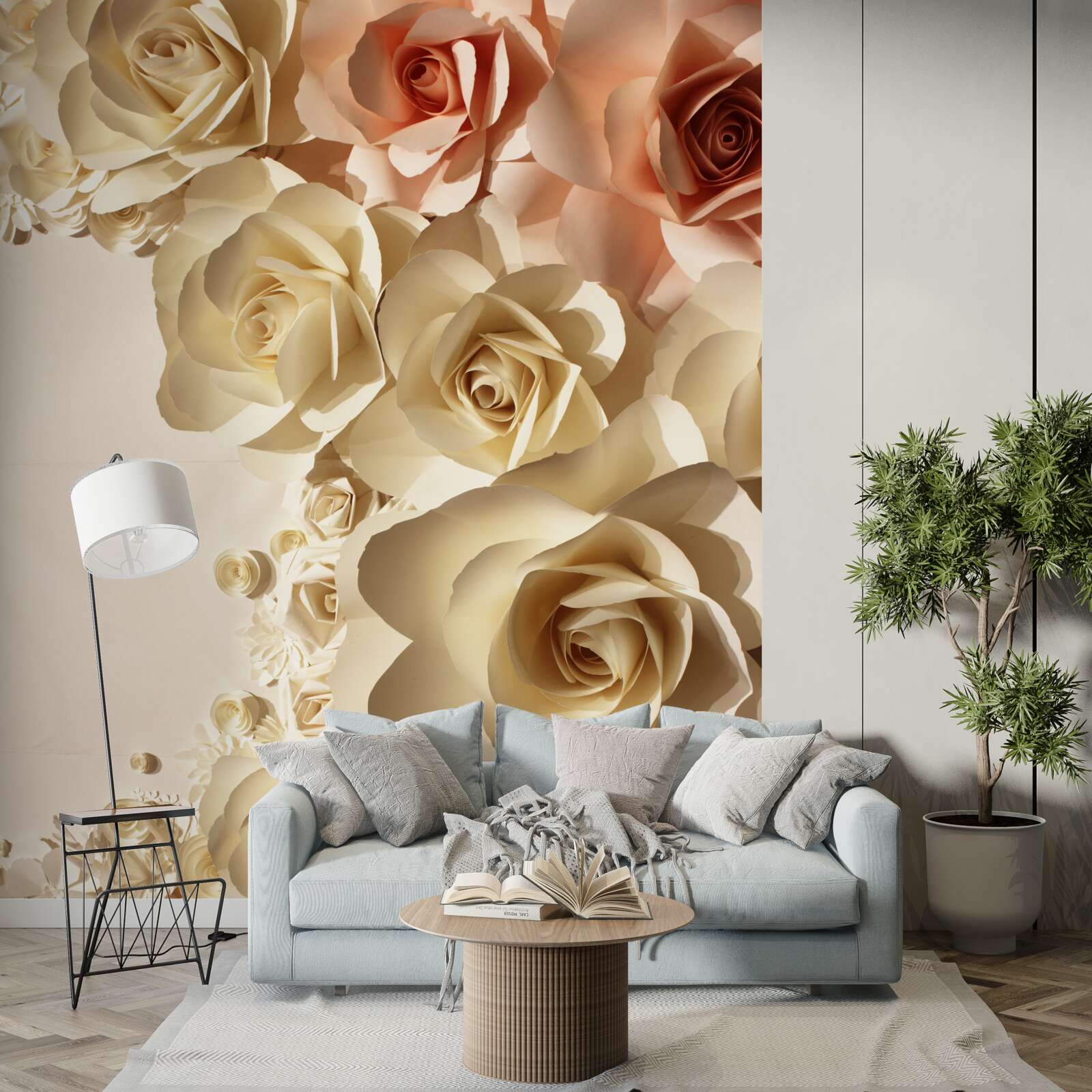 Papier peint fleurs de gypse blanches et roses
