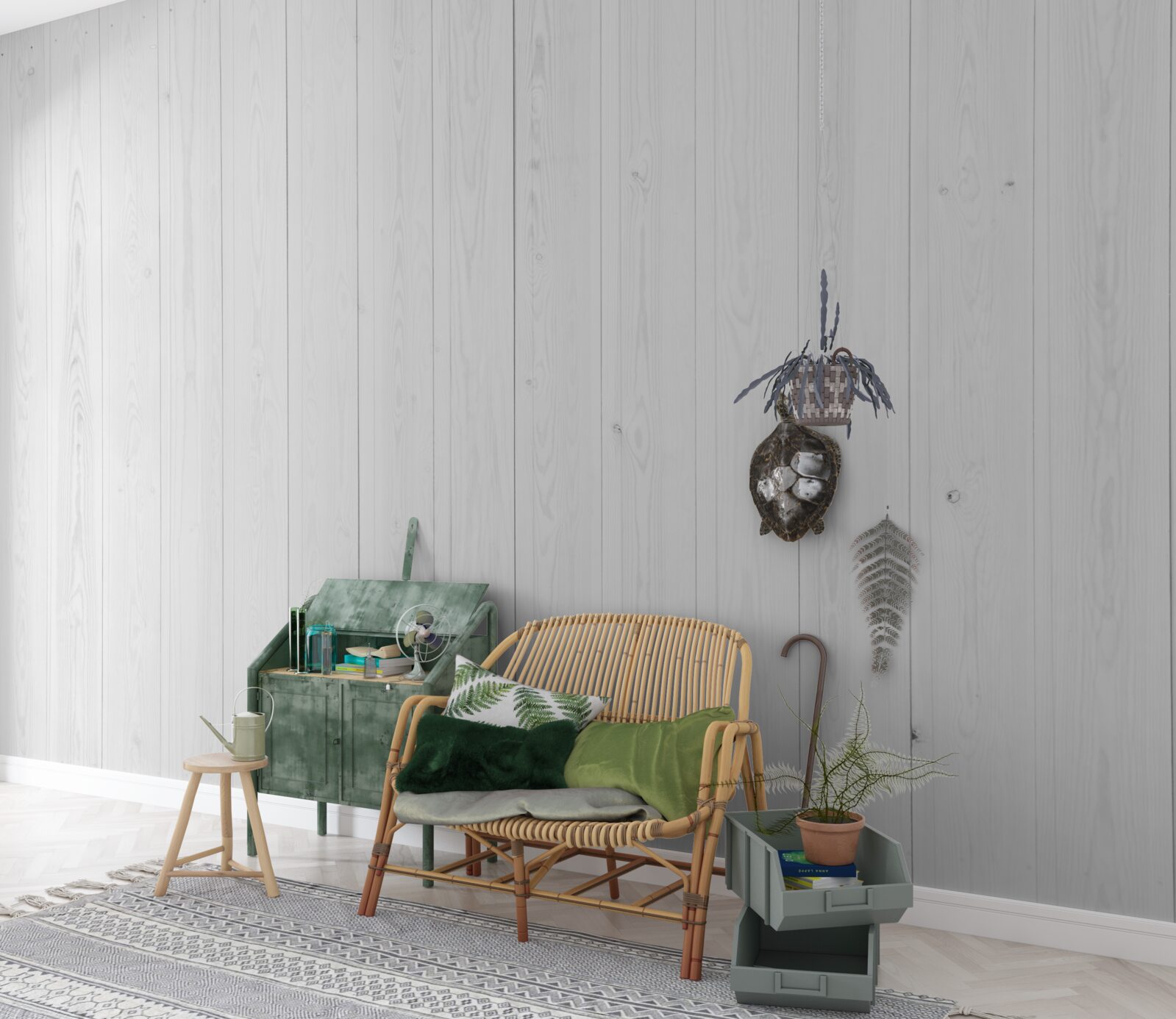 Papier peint parquet blanc posé à la verticale