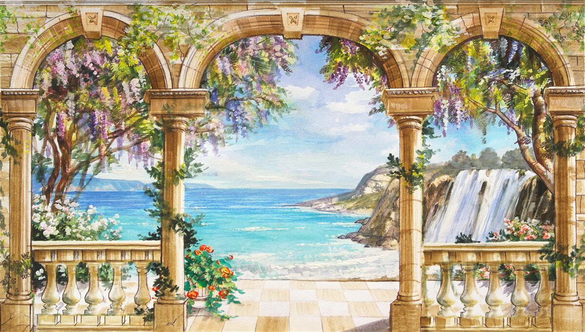 Papier peint voûte en pierre menant à la cascade et au plan d'eau