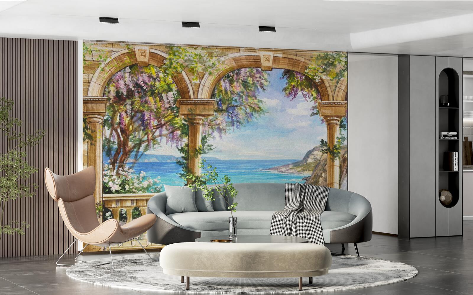 Papier peint voûte en pierre menant à la cascade et au plan d'eau