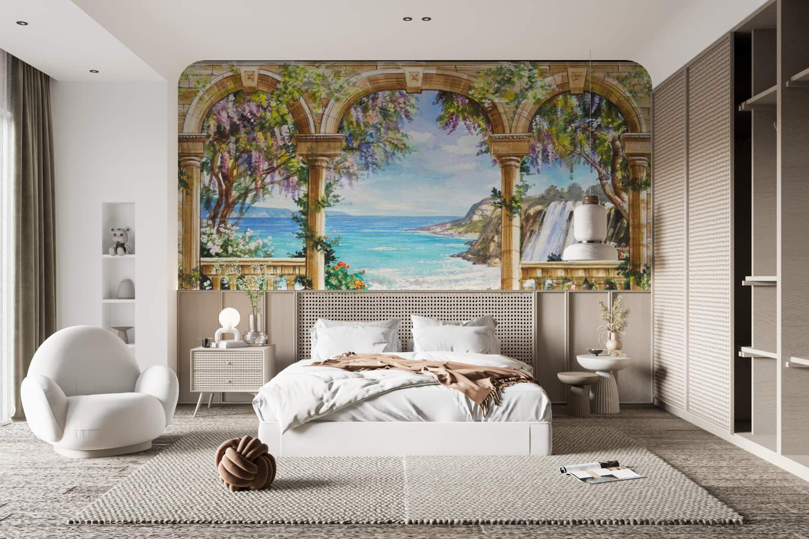 Papier peint voûte en pierre menant à la cascade et au plan d'eau