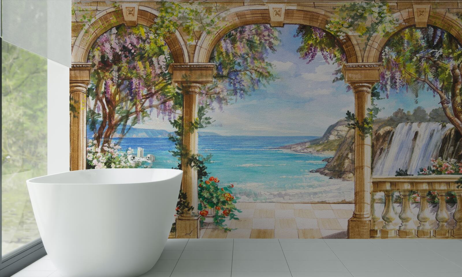 Papier peint voûte en pierre menant à la cascade et au plan d'eau