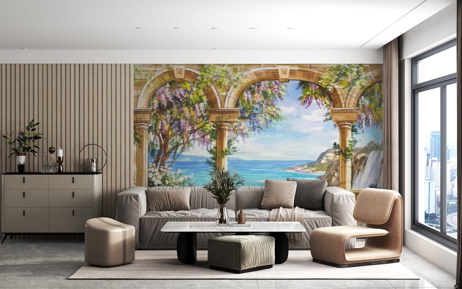 Papier peint voûte en pierre menant à la cascade et au plan d'eau