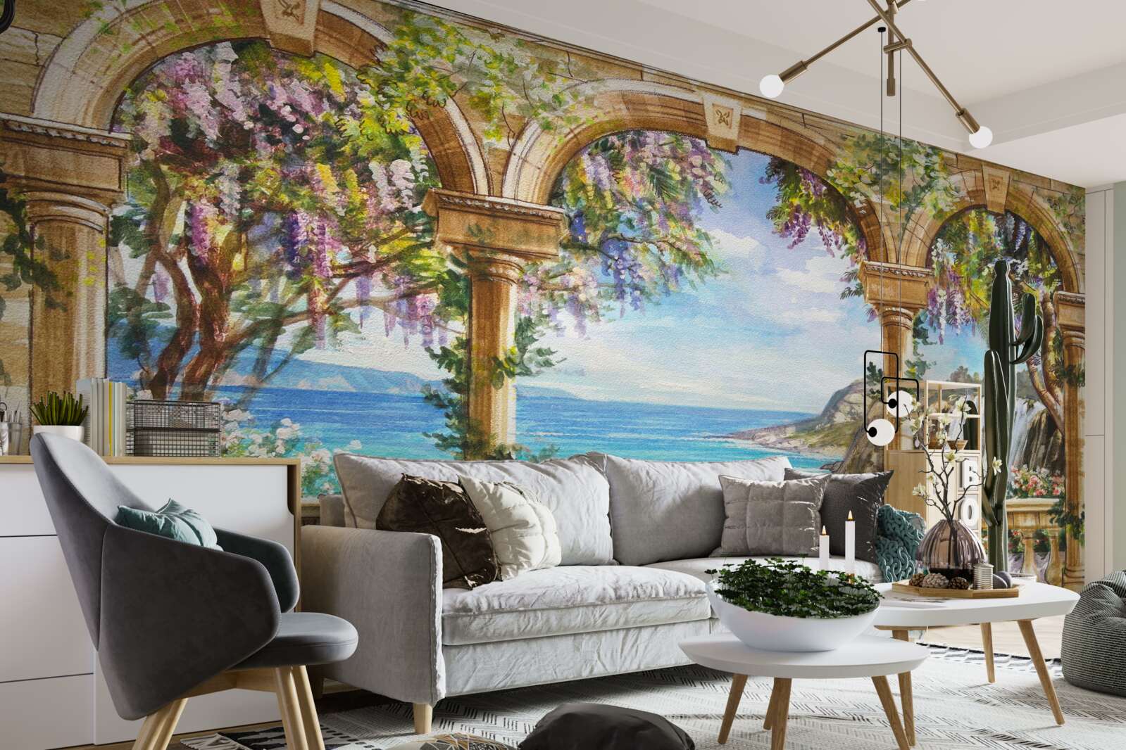 Papier peint voûte en pierre menant à la cascade et au plan d'eau