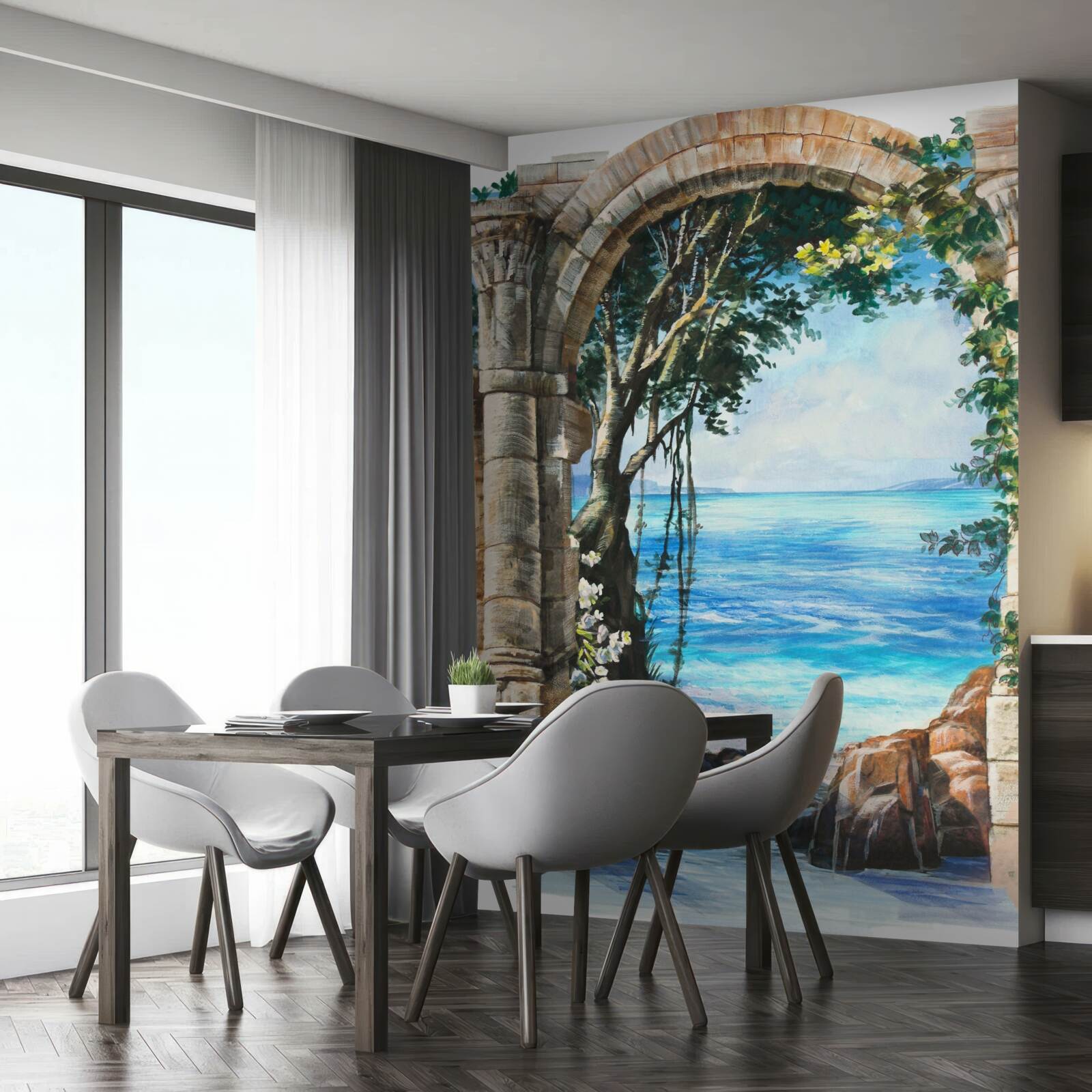 Papier peint arche ronde en pierre surplombant la mer