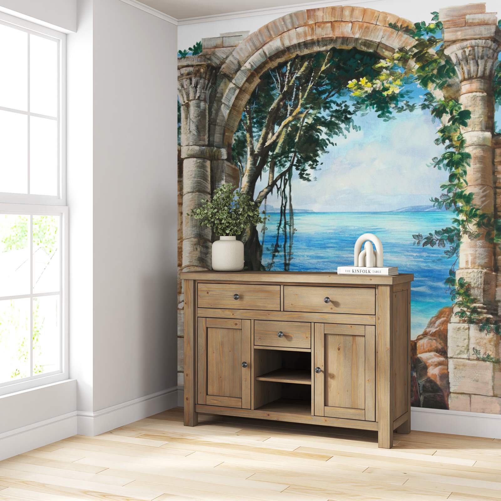 Papier peint arche ronde en pierre surplombant la mer