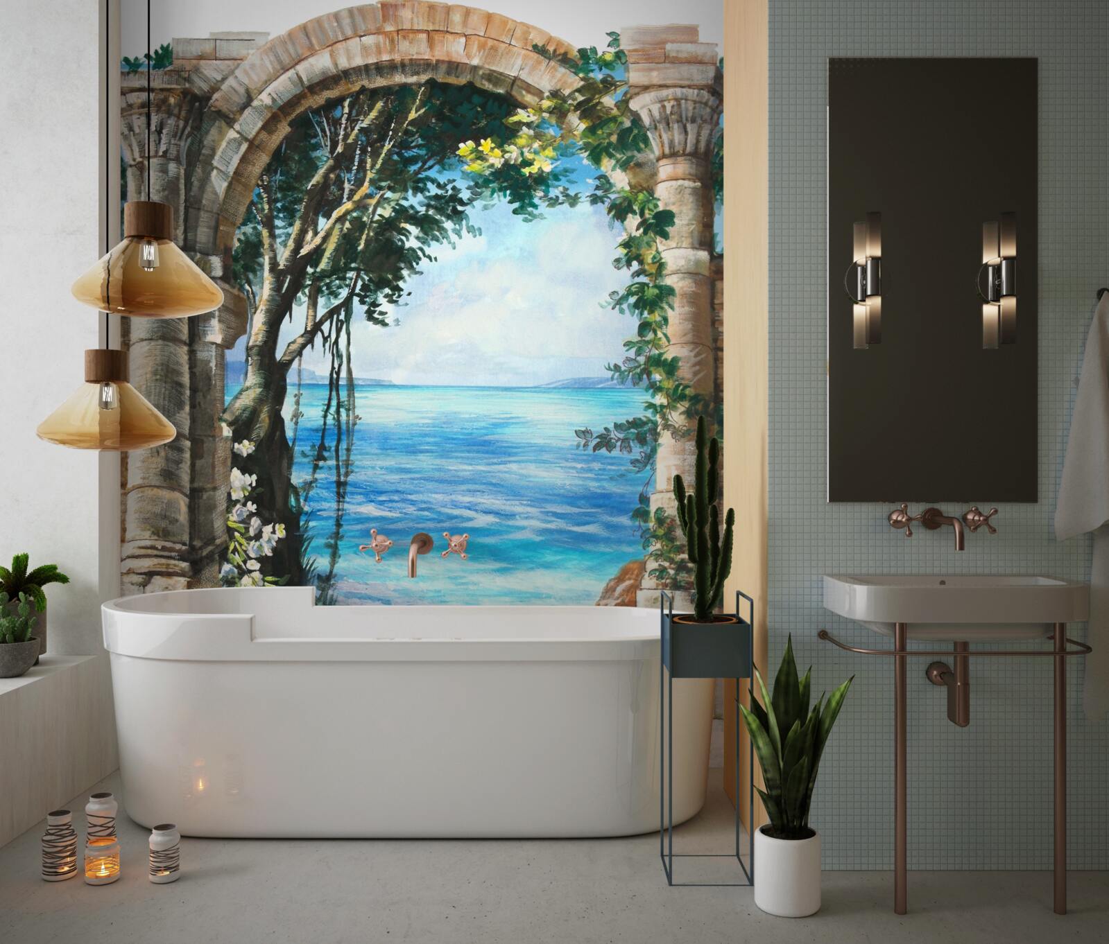 Papier peint arche ronde en pierre surplombant la mer