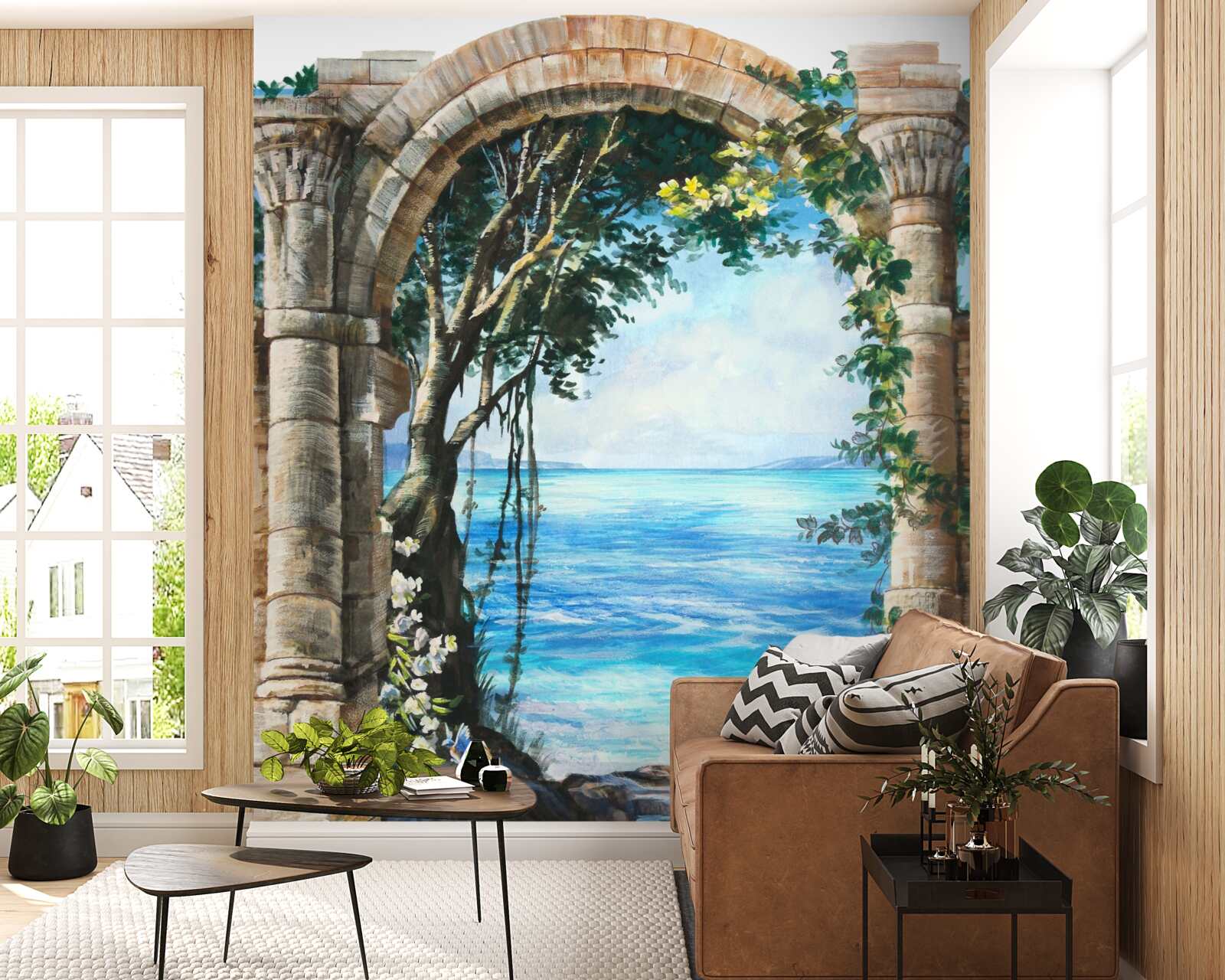 Papier peint arche ronde en pierre surplombant la mer