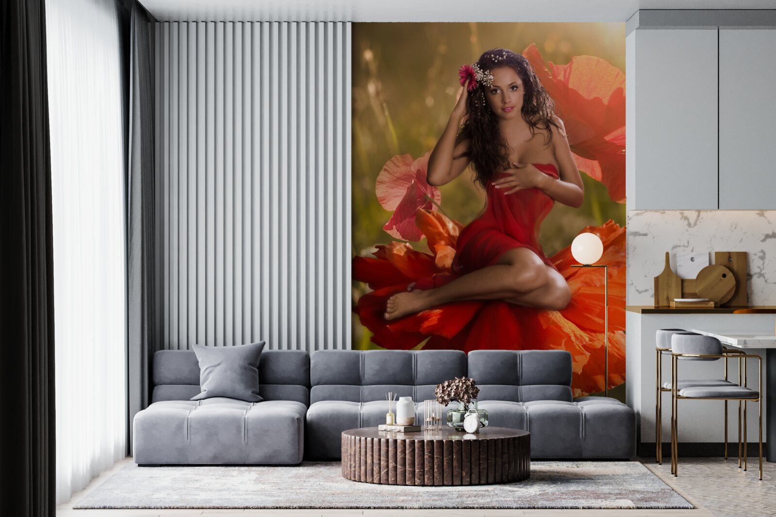 Papier peint fille sur une fleur de pavot écarlate