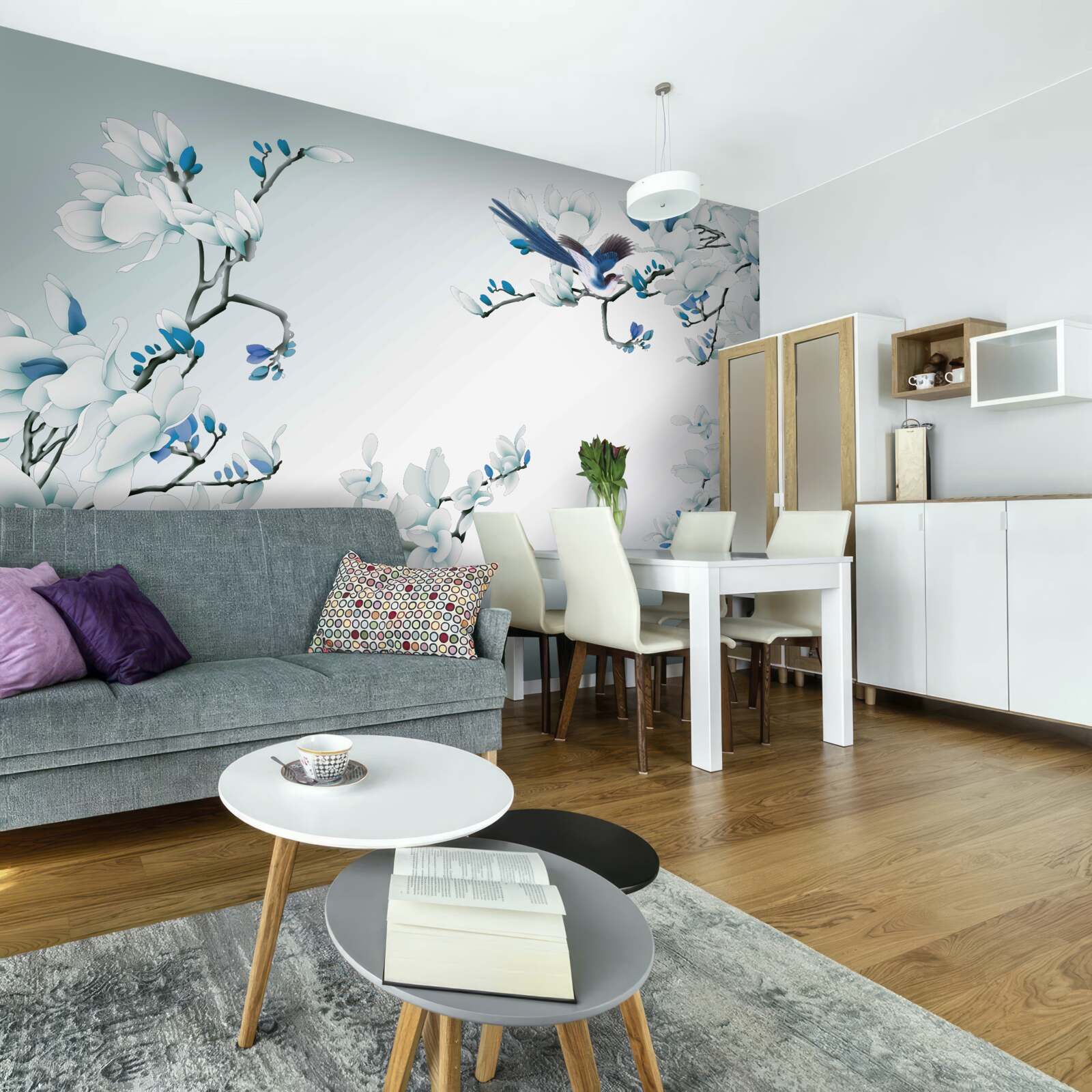 Papier peint branches blanches avec pousses