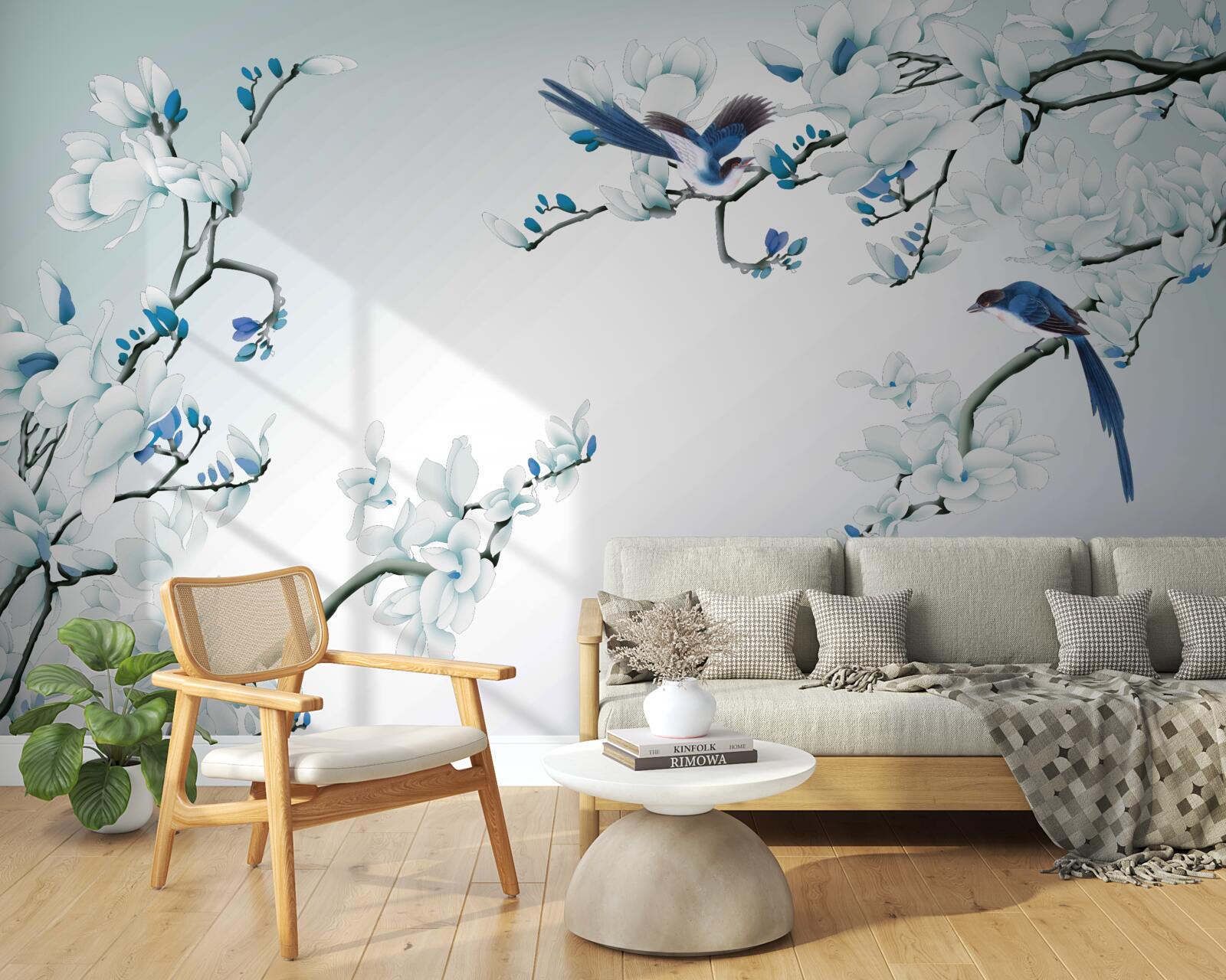 Papier peint branches blanches avec pousses