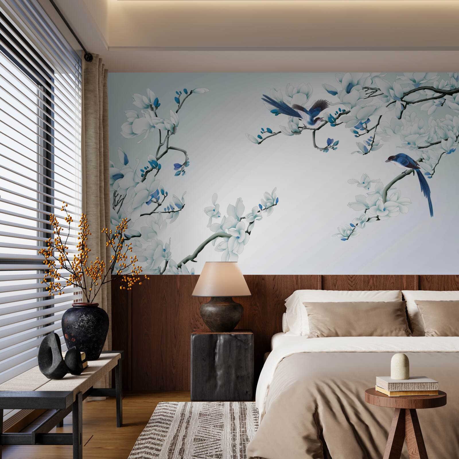 Papier peint branches blanches avec pousses