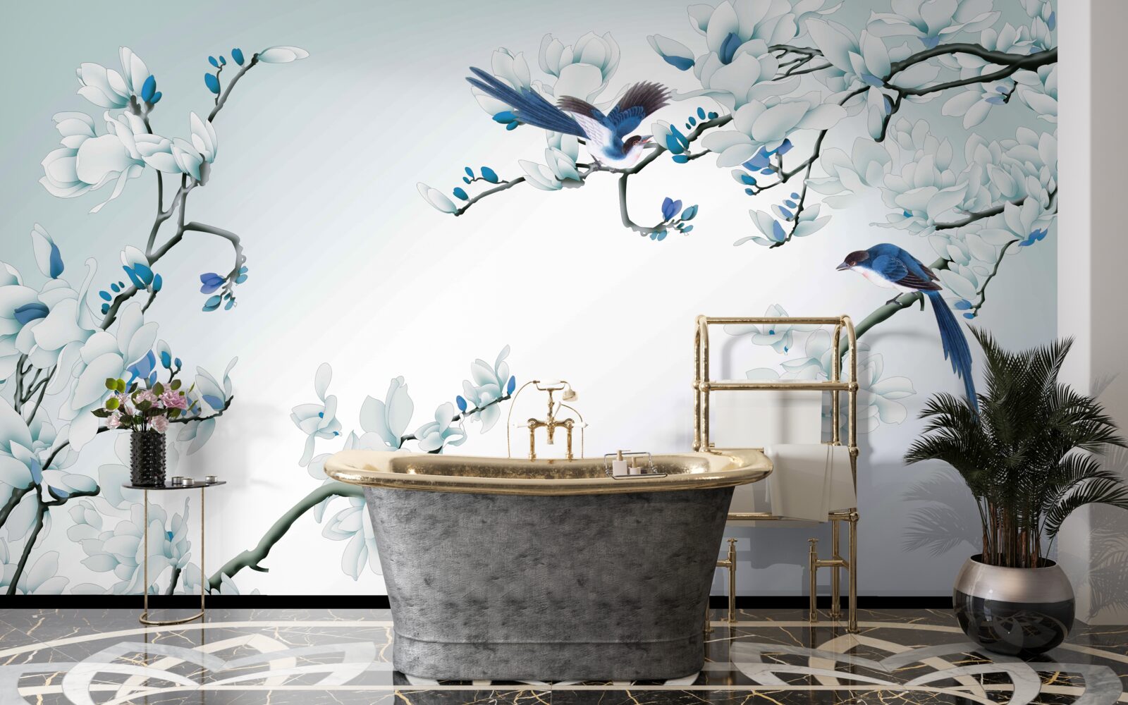 Papier peint branches blanches avec pousses