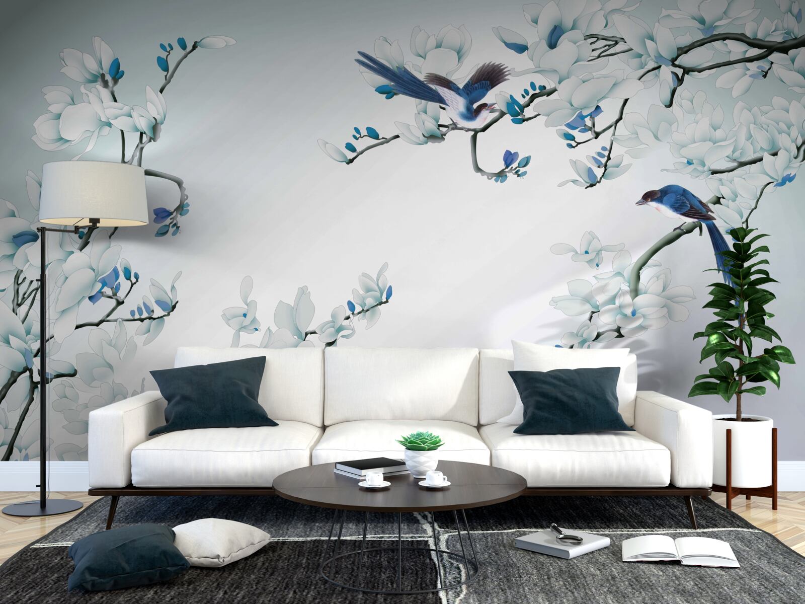 Papier peint branches blanches avec pousses