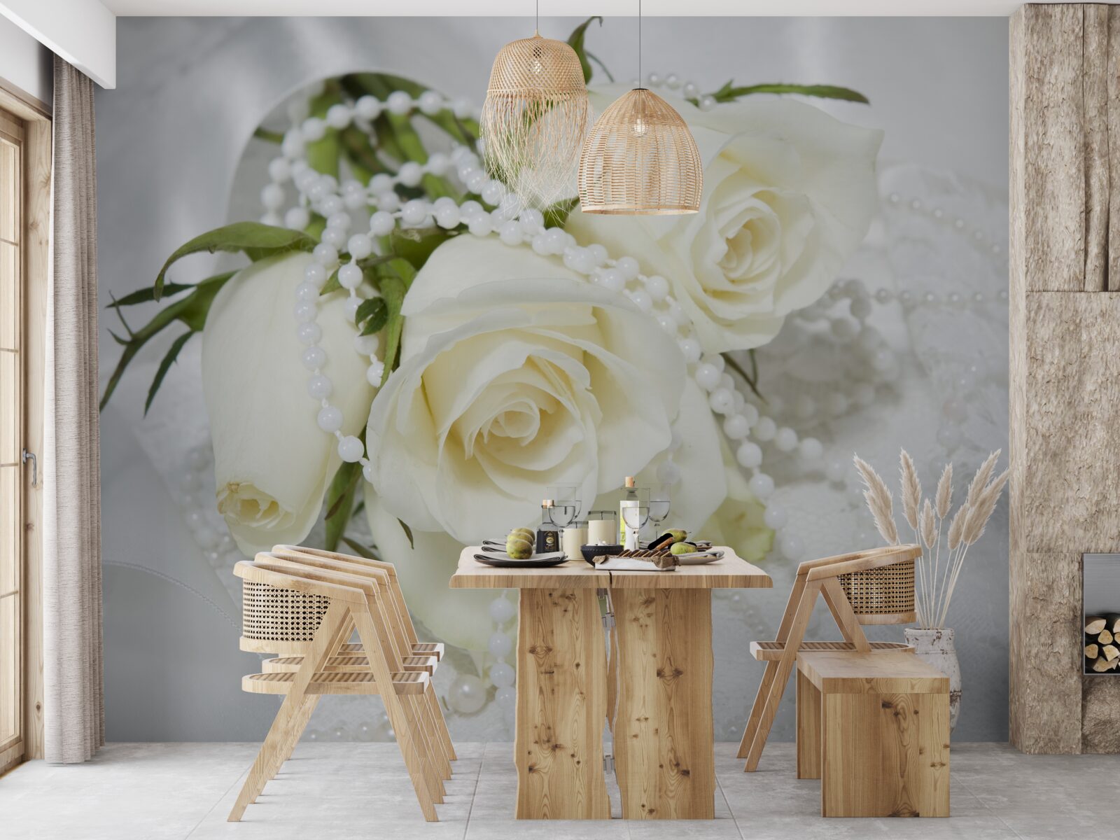 Papier peint composition de roses blanches avec perles