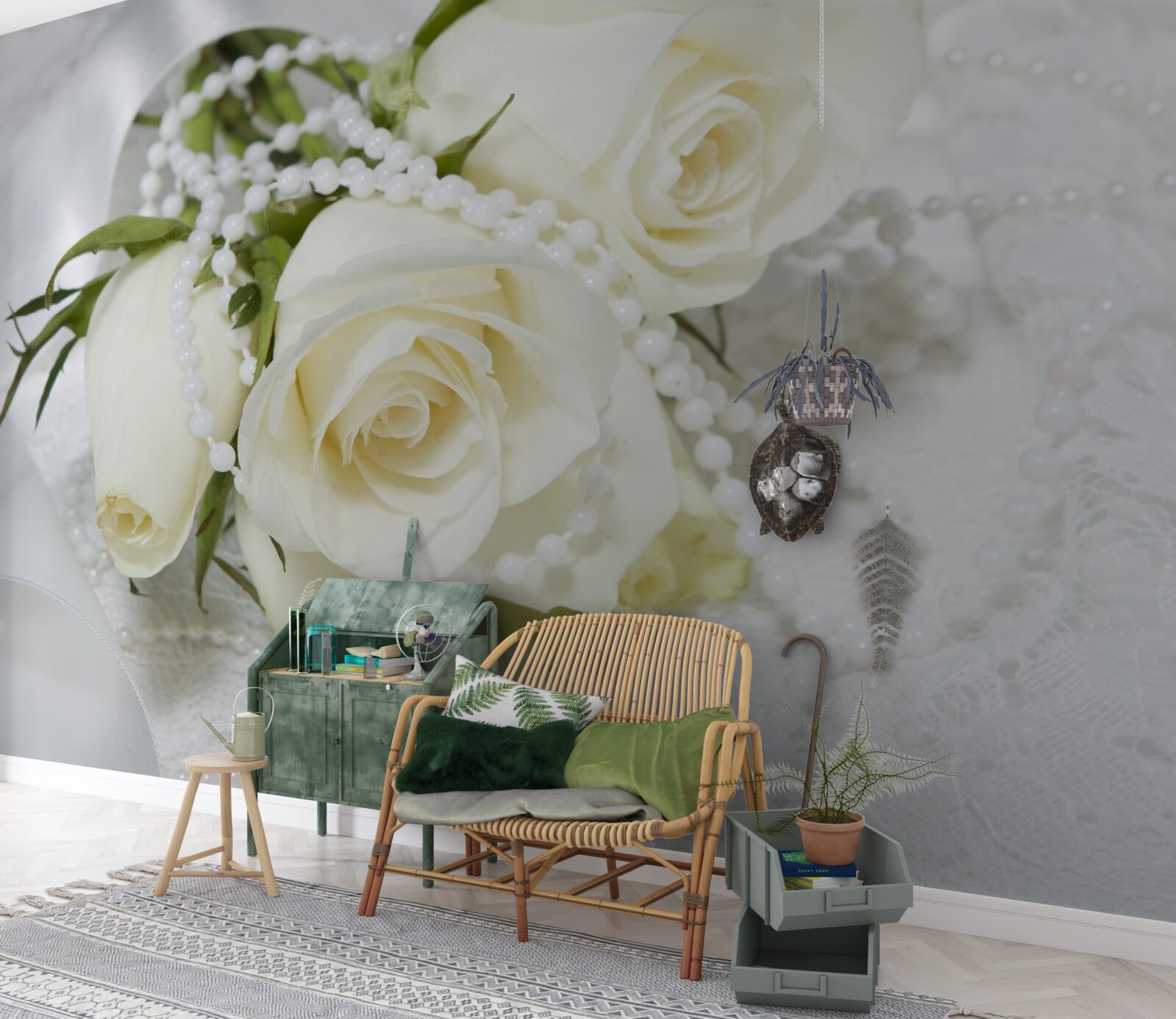 Papier peint composition de roses blanches avec perles