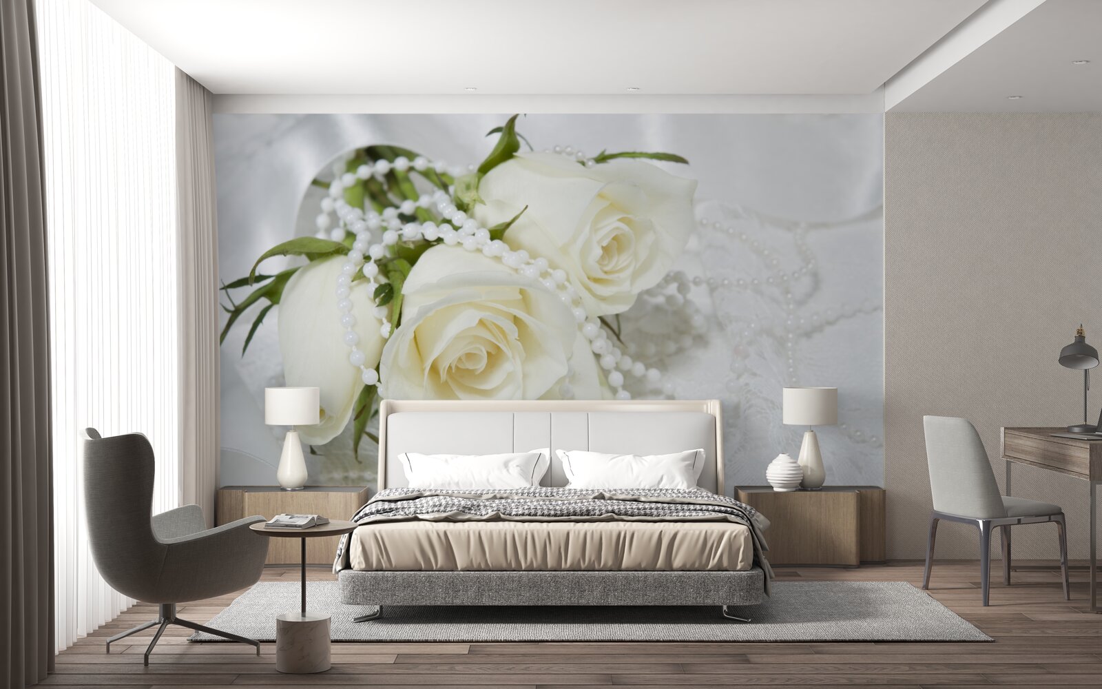 Papier peint composition de roses blanches avec perles
