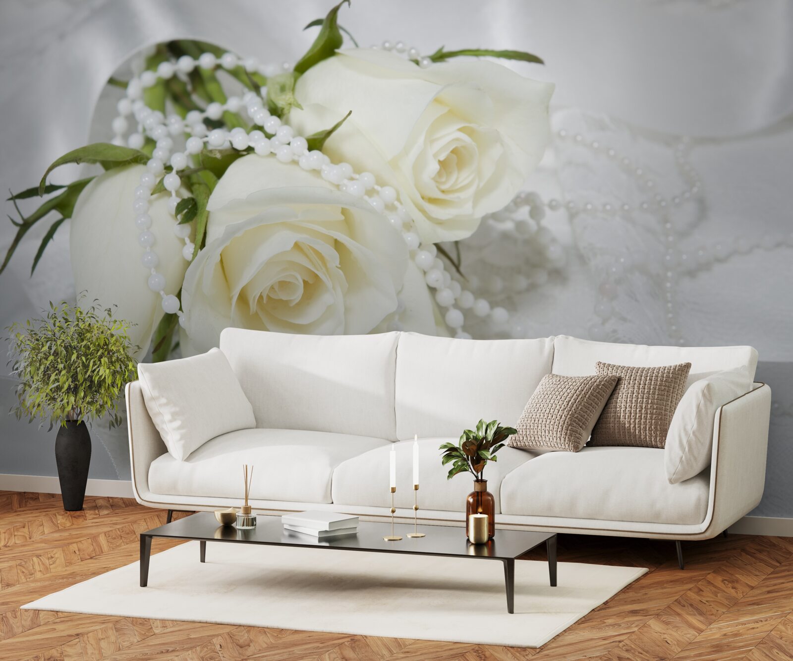 Papier peint composition de roses blanches avec perles