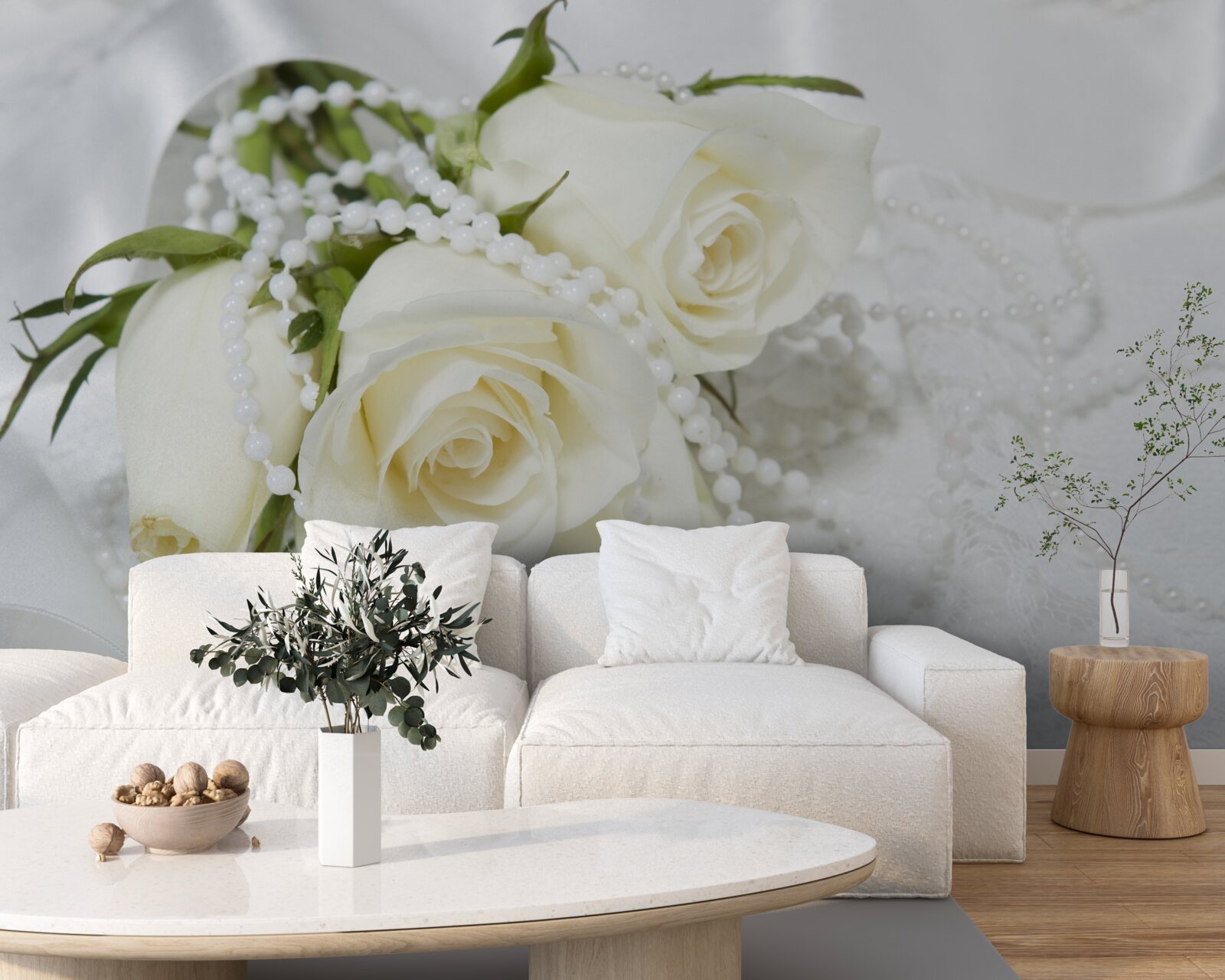 Papier peint composition de roses blanches avec perles