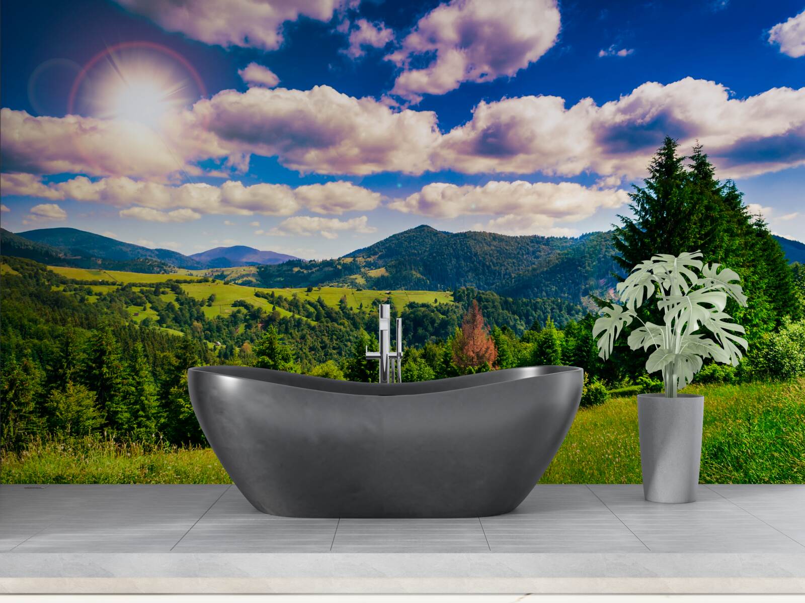 Papier peint par temps clair, les sommets verts des prairies