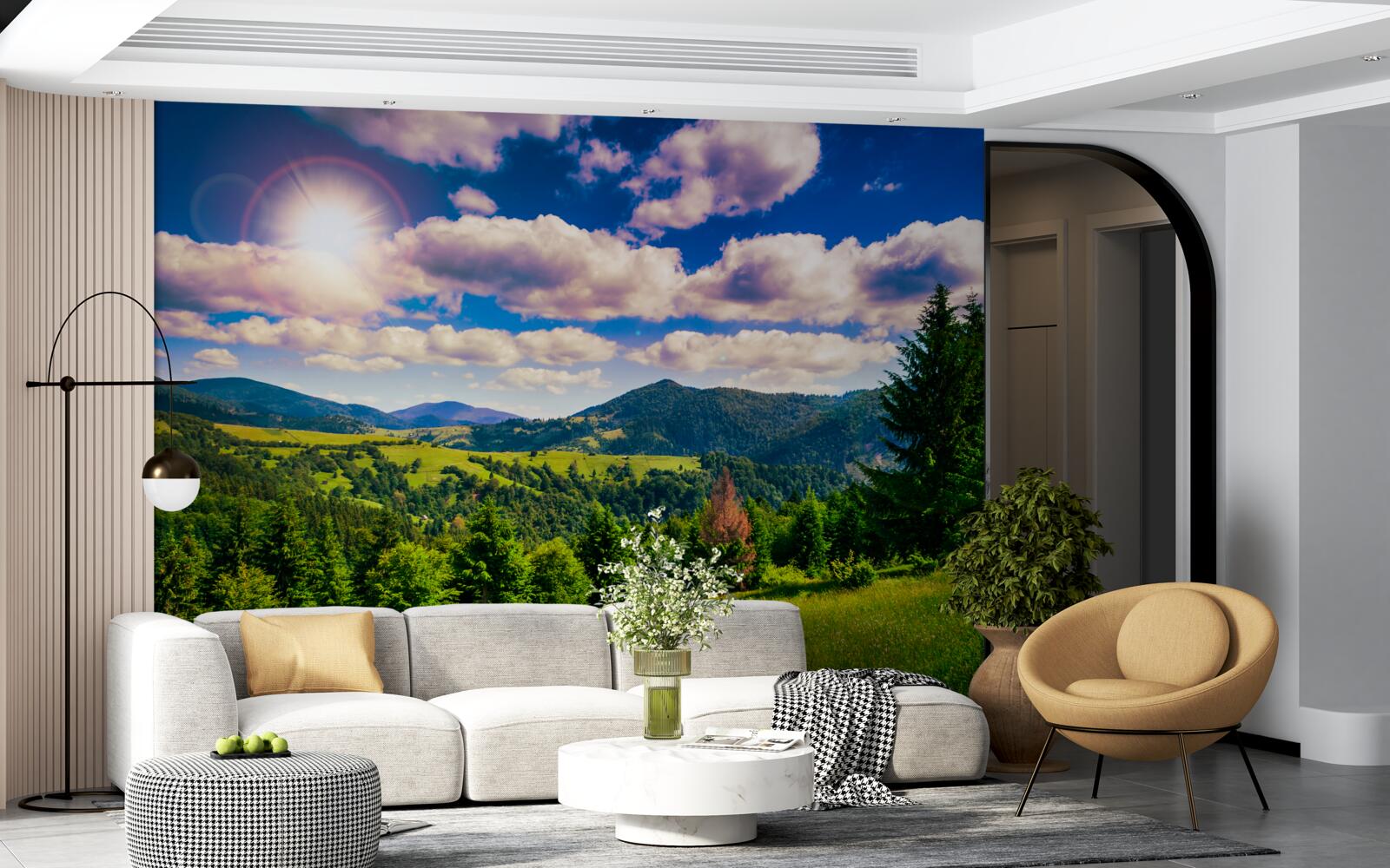 Papier peint par temps clair, les sommets verts des prairies