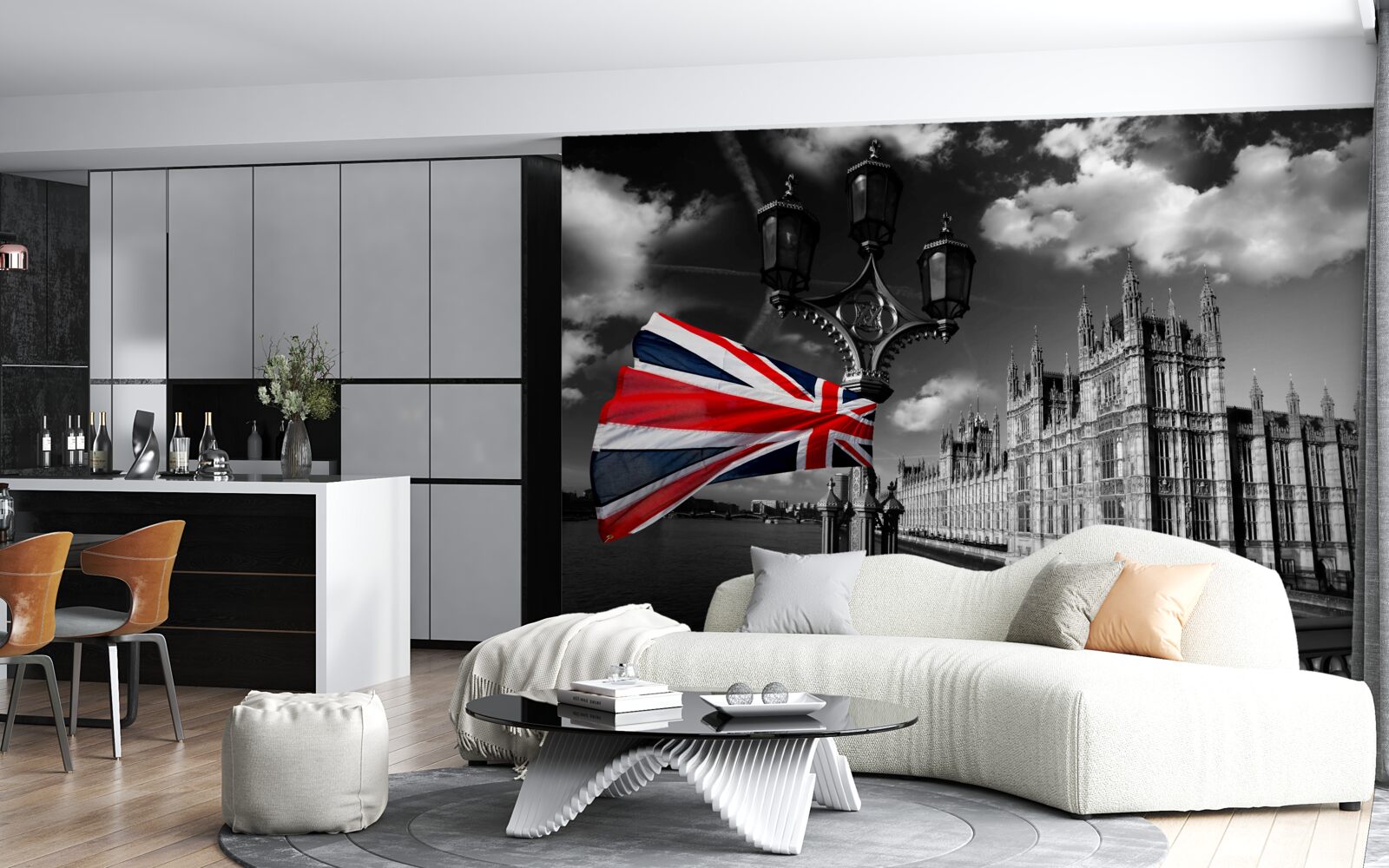 Papier peint silhouette de la ville sur fond de drapeau anglais