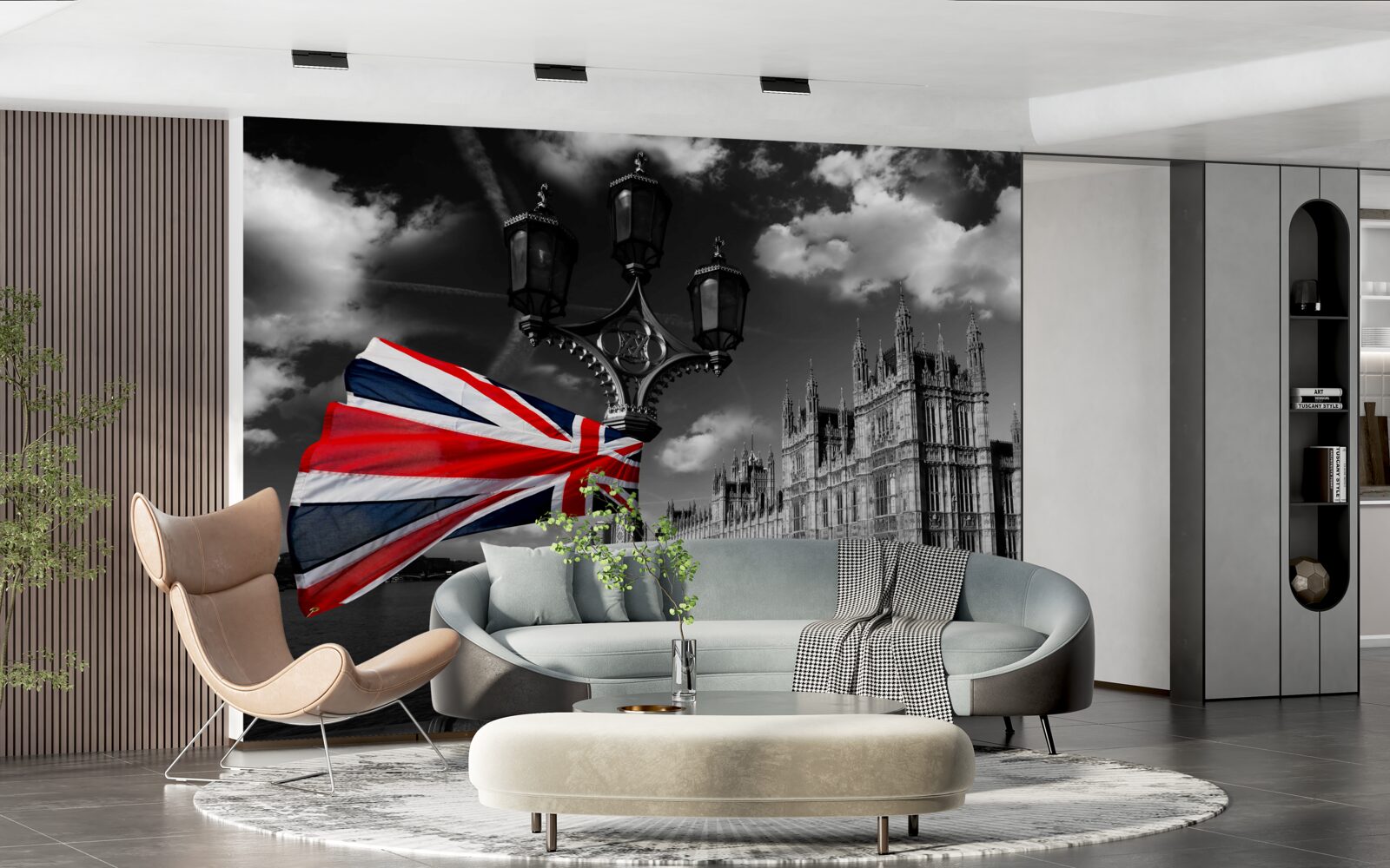 Papier peint silhouette de la ville sur fond de drapeau anglais