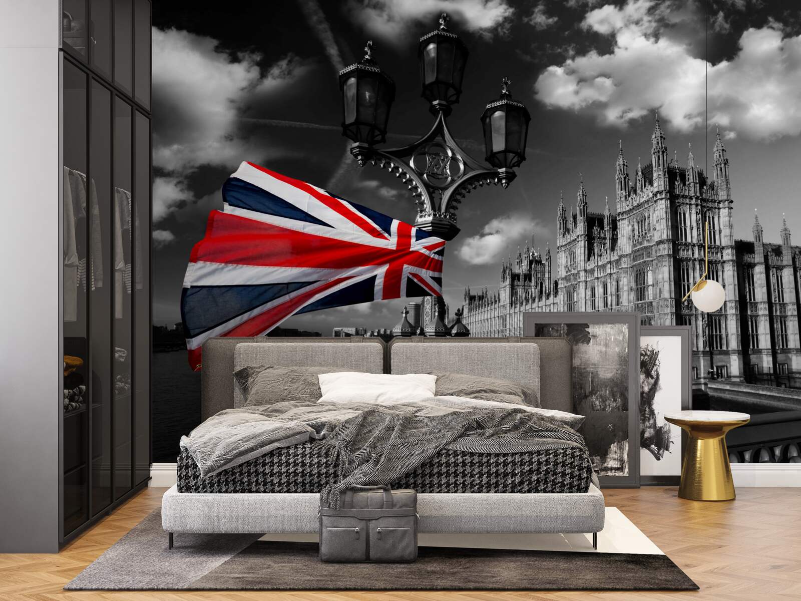 Papier peint silhouette de la ville sur fond de drapeau anglais