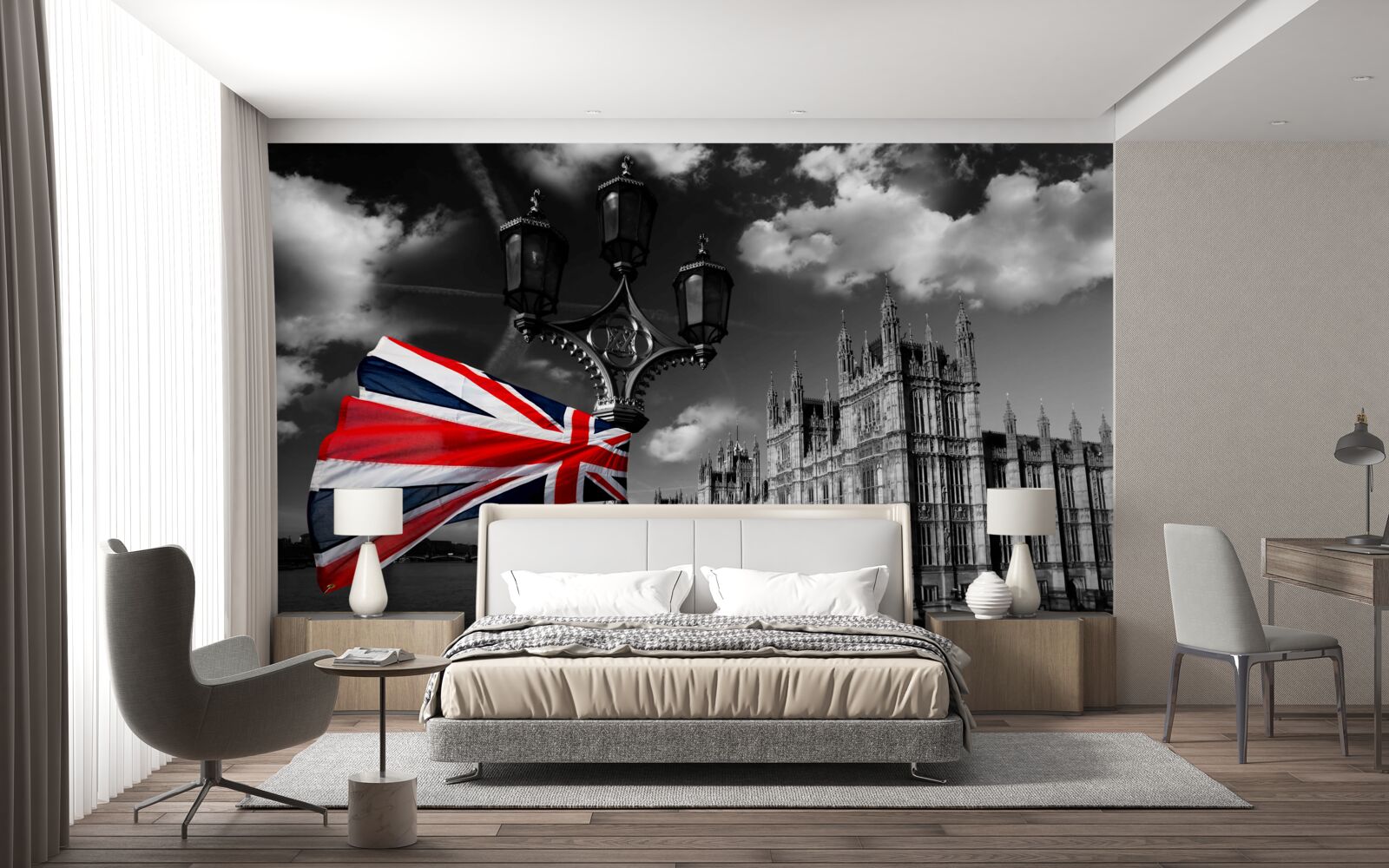 Papier peint silhouette de la ville sur fond de drapeau anglais