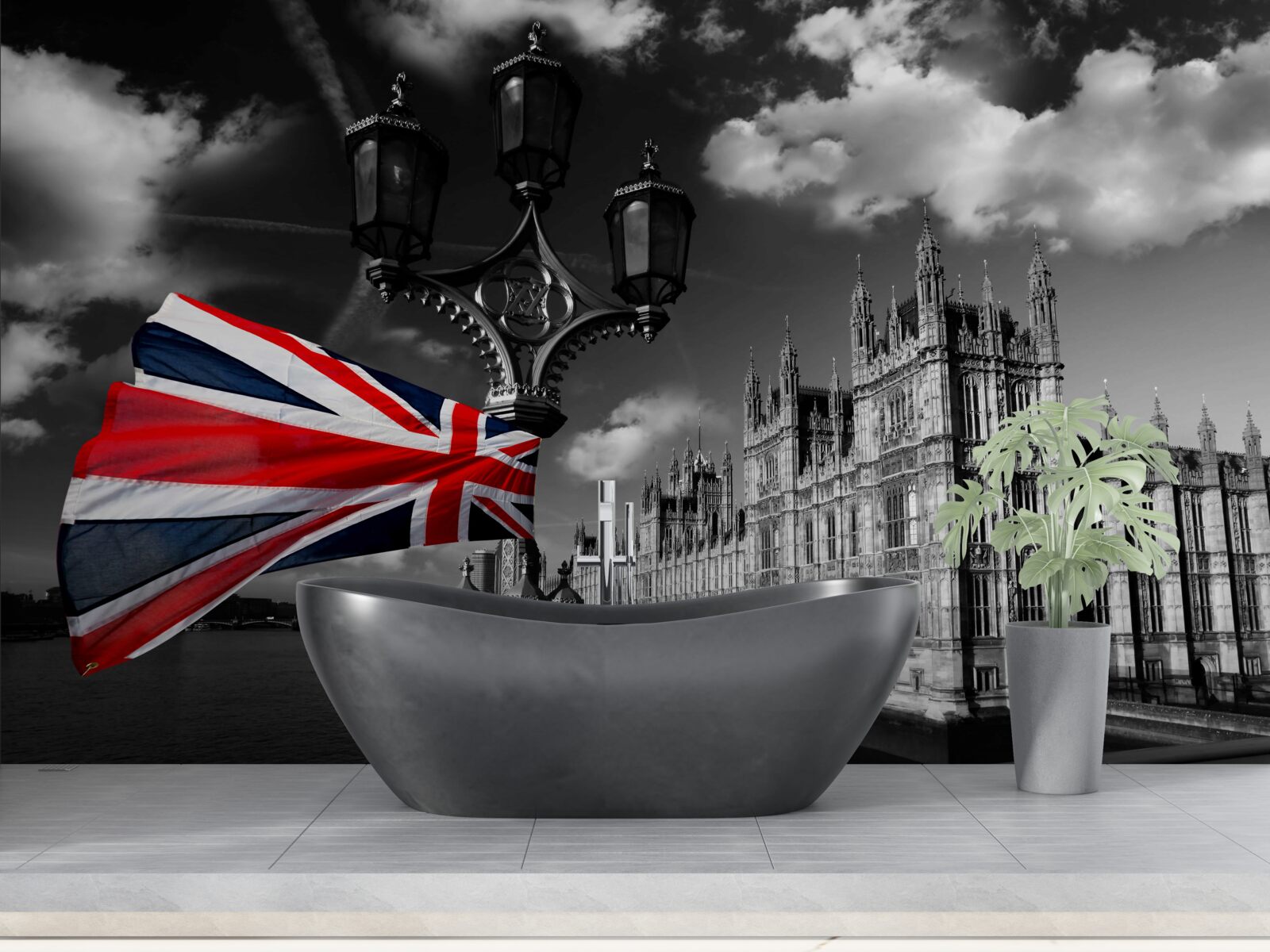 Papier peint silhouette de la ville sur fond de drapeau anglais