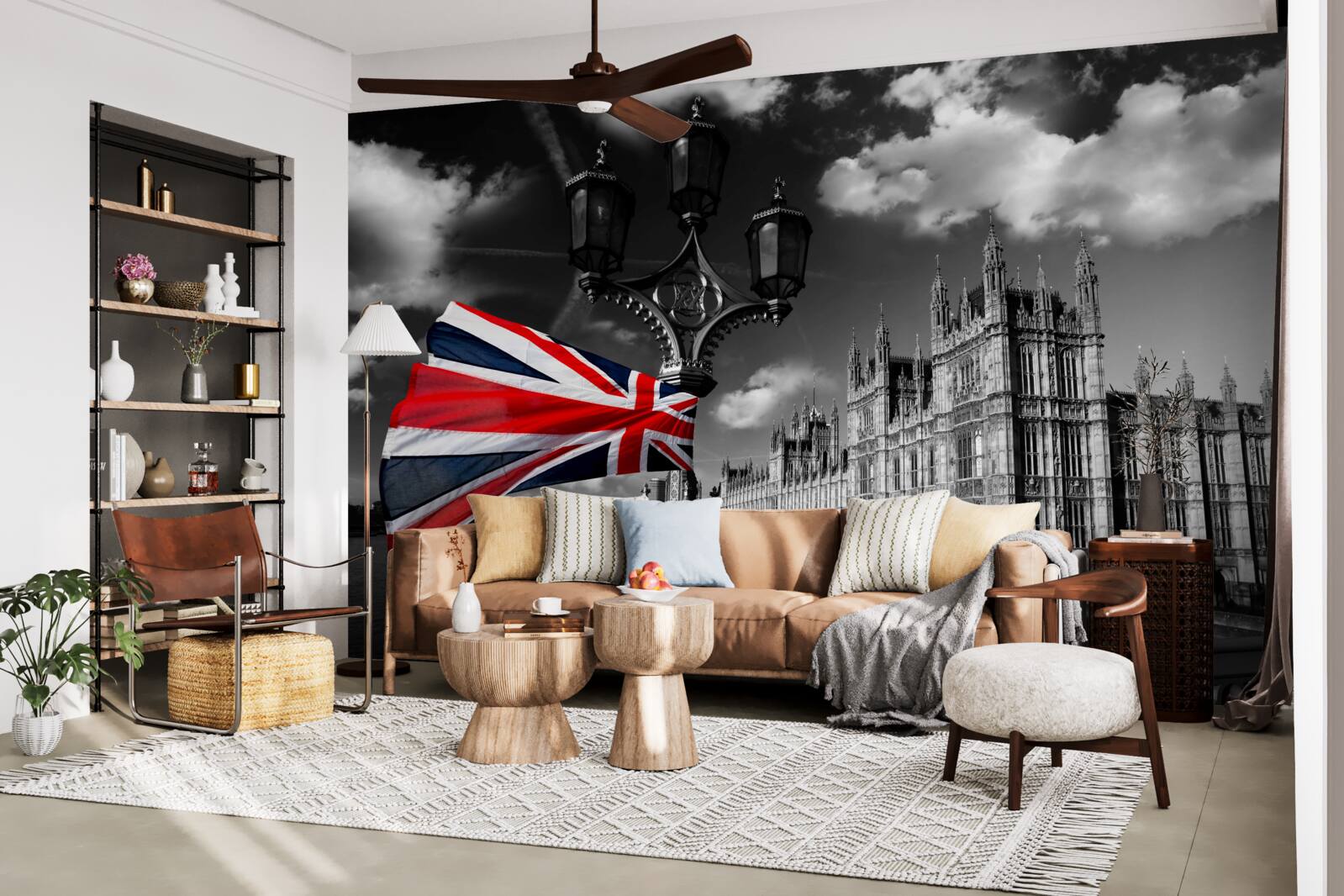 Papier peint silhouette de la ville sur fond de drapeau anglais