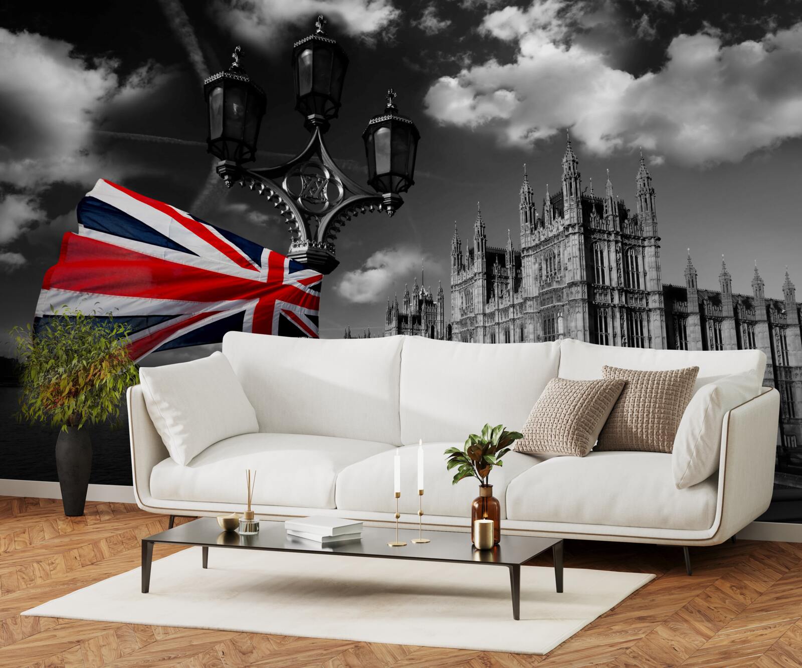 Papier peint silhouette de la ville sur fond de drapeau anglais