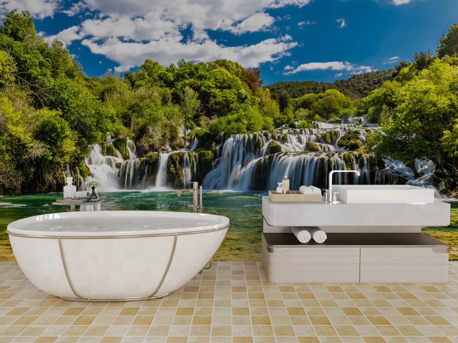 Papier peint une énorme chute d'eau qui s'écrase sur une île tropicale