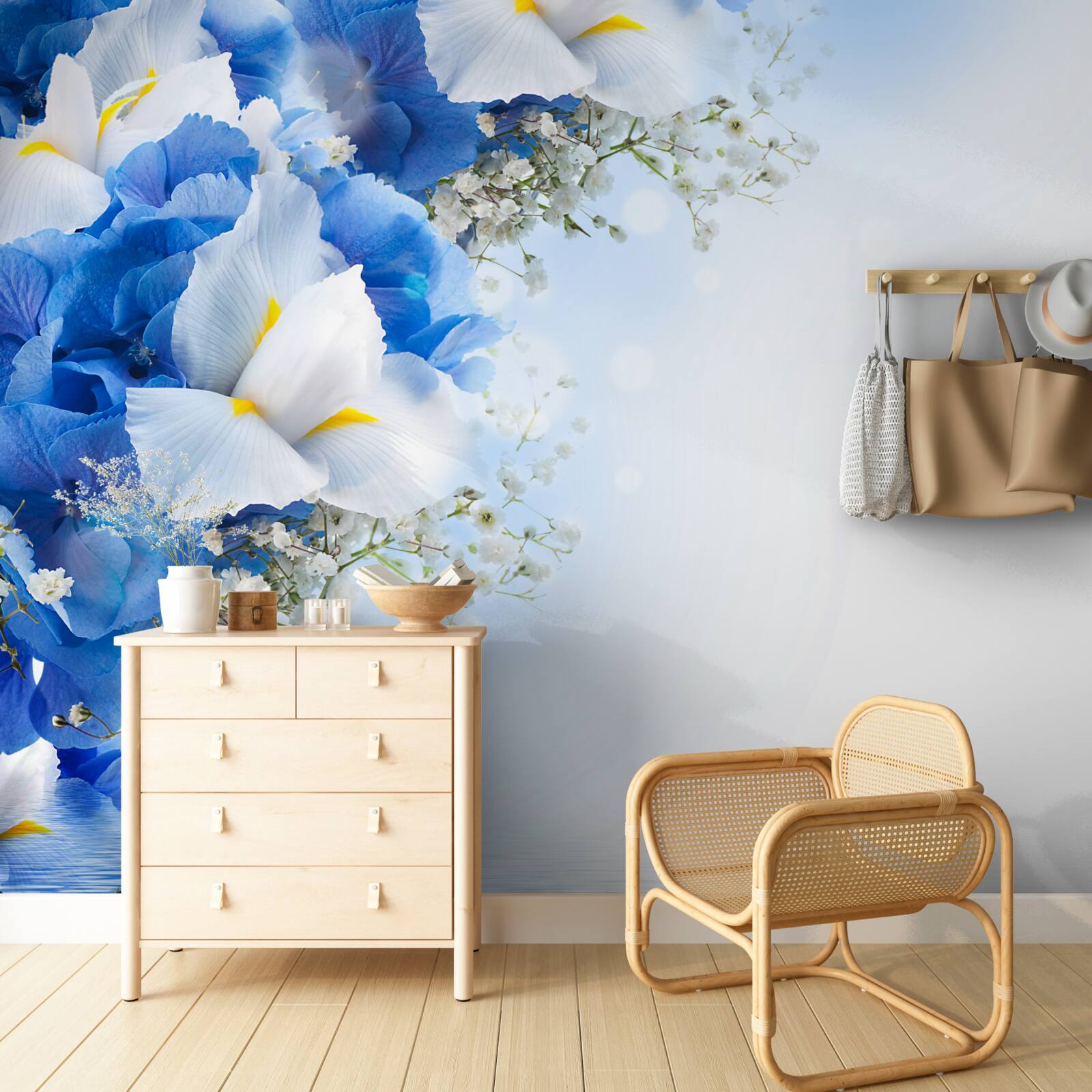 Papier peint peinture bleue et bourgeons blancs près de l'étang