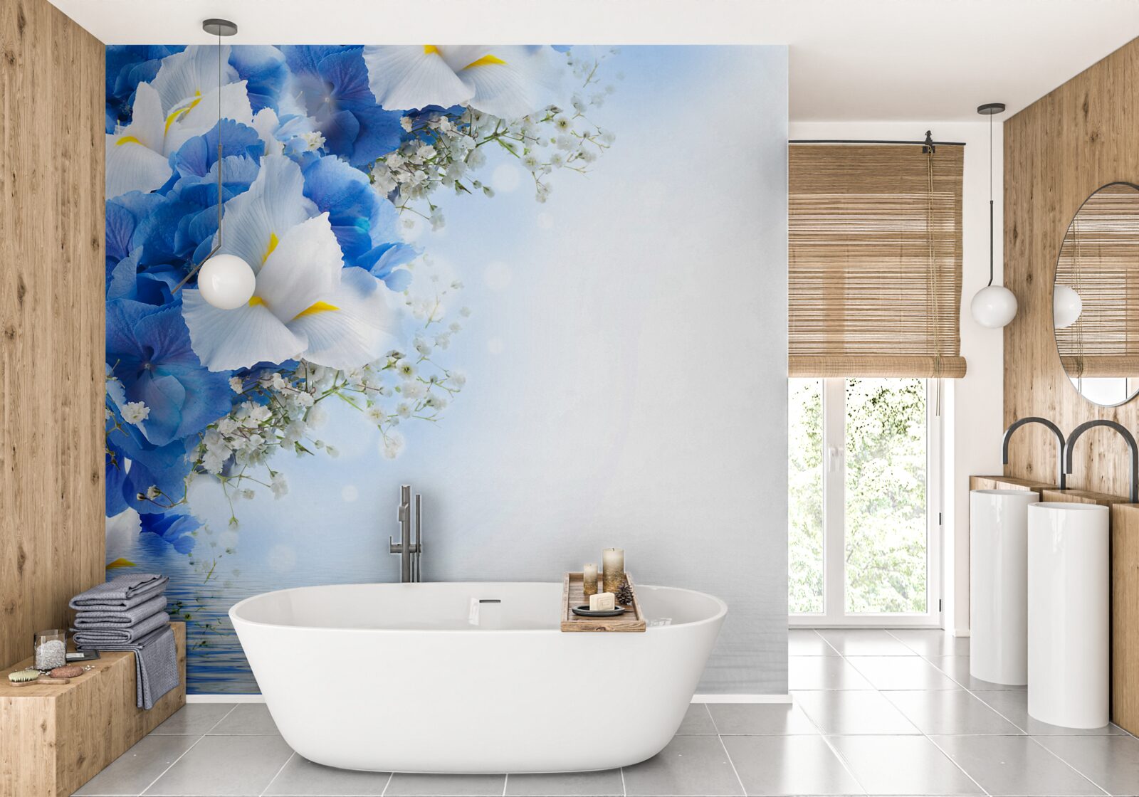 Papier peint peinture bleue et bourgeons blancs près de l'étang