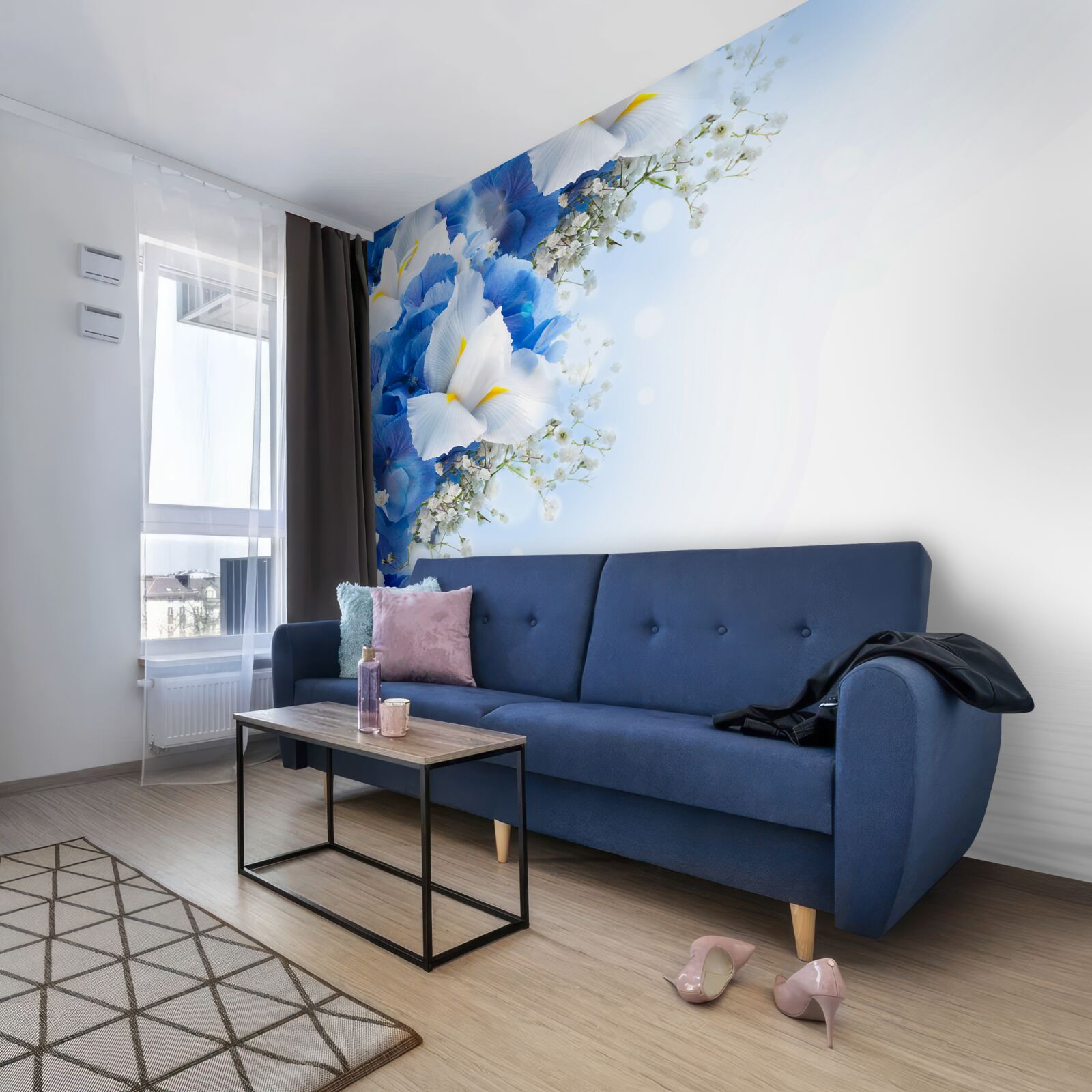 Papier peint peinture bleue et bourgeons blancs près de l'étang