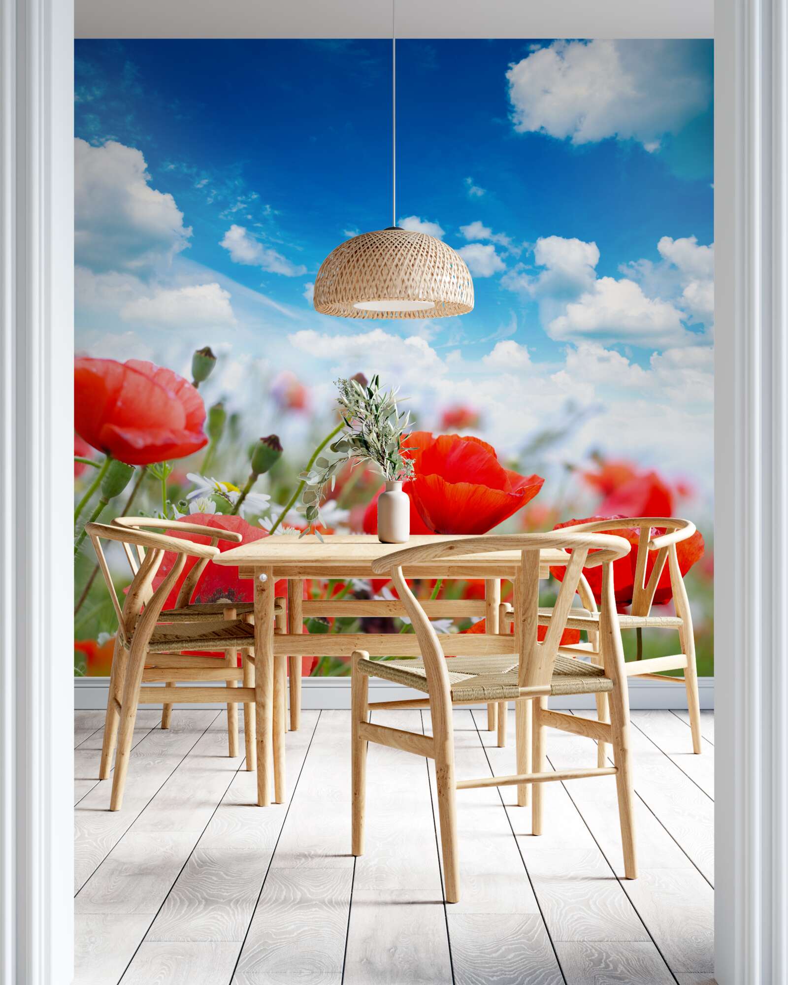 Papier peint une prairie parsemée de coquelicots rouges et de marguerites blanches