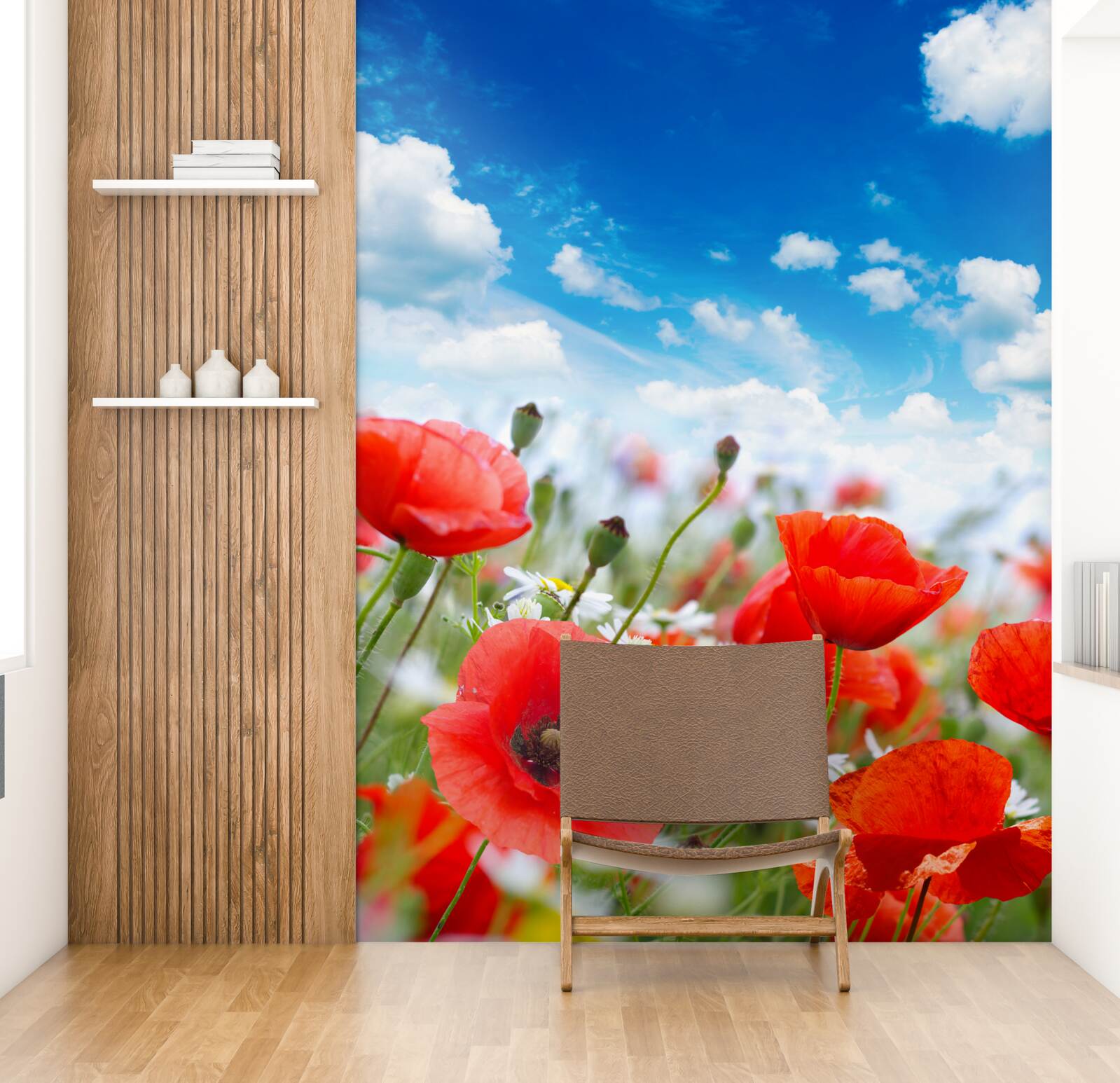 Papier peint une prairie parsemée de coquelicots rouges et de marguerites blanches